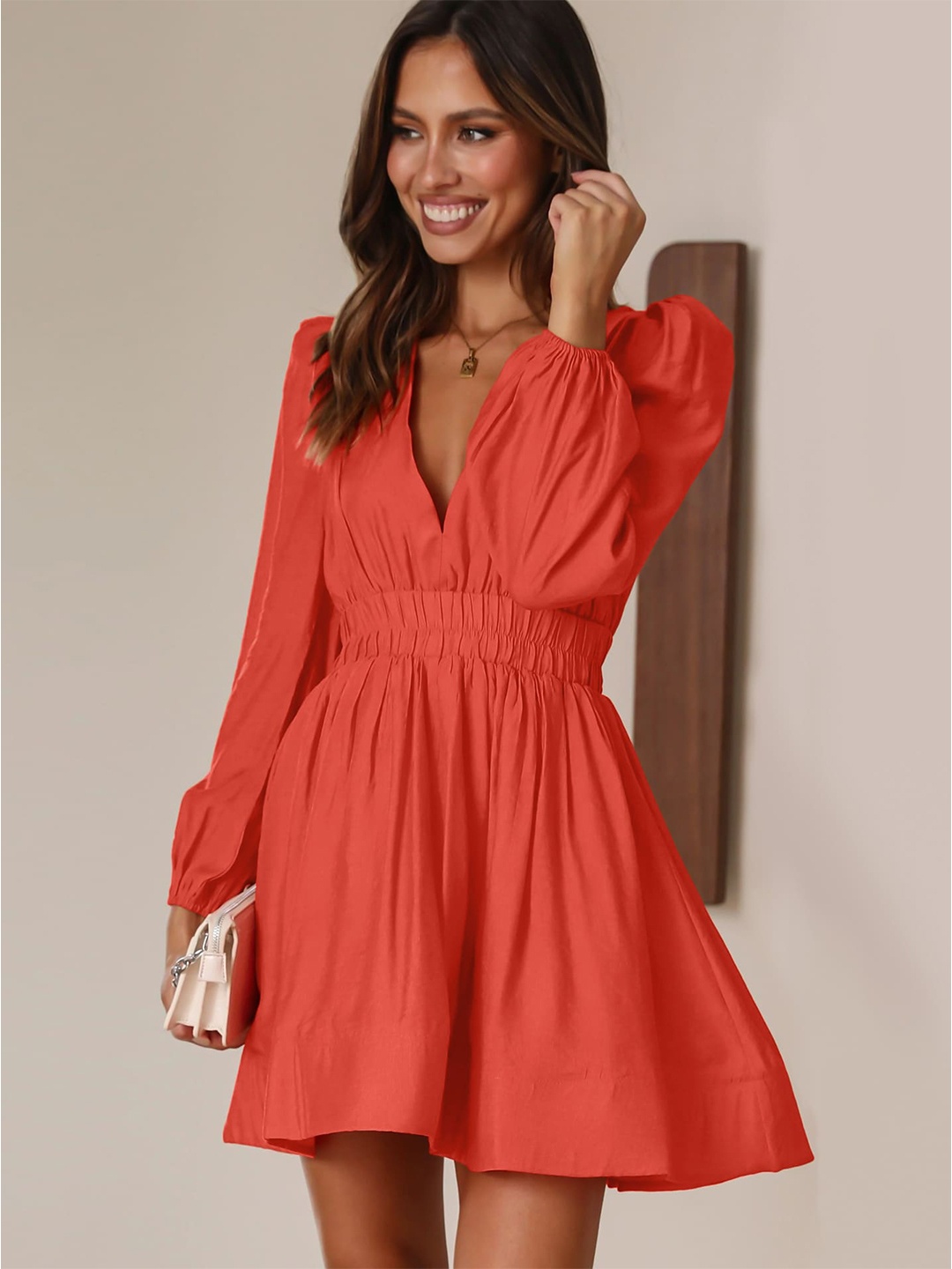 

StyleCast Orange V-Neck Puff Sleeves Gathered Casual Fit & Flare Dress