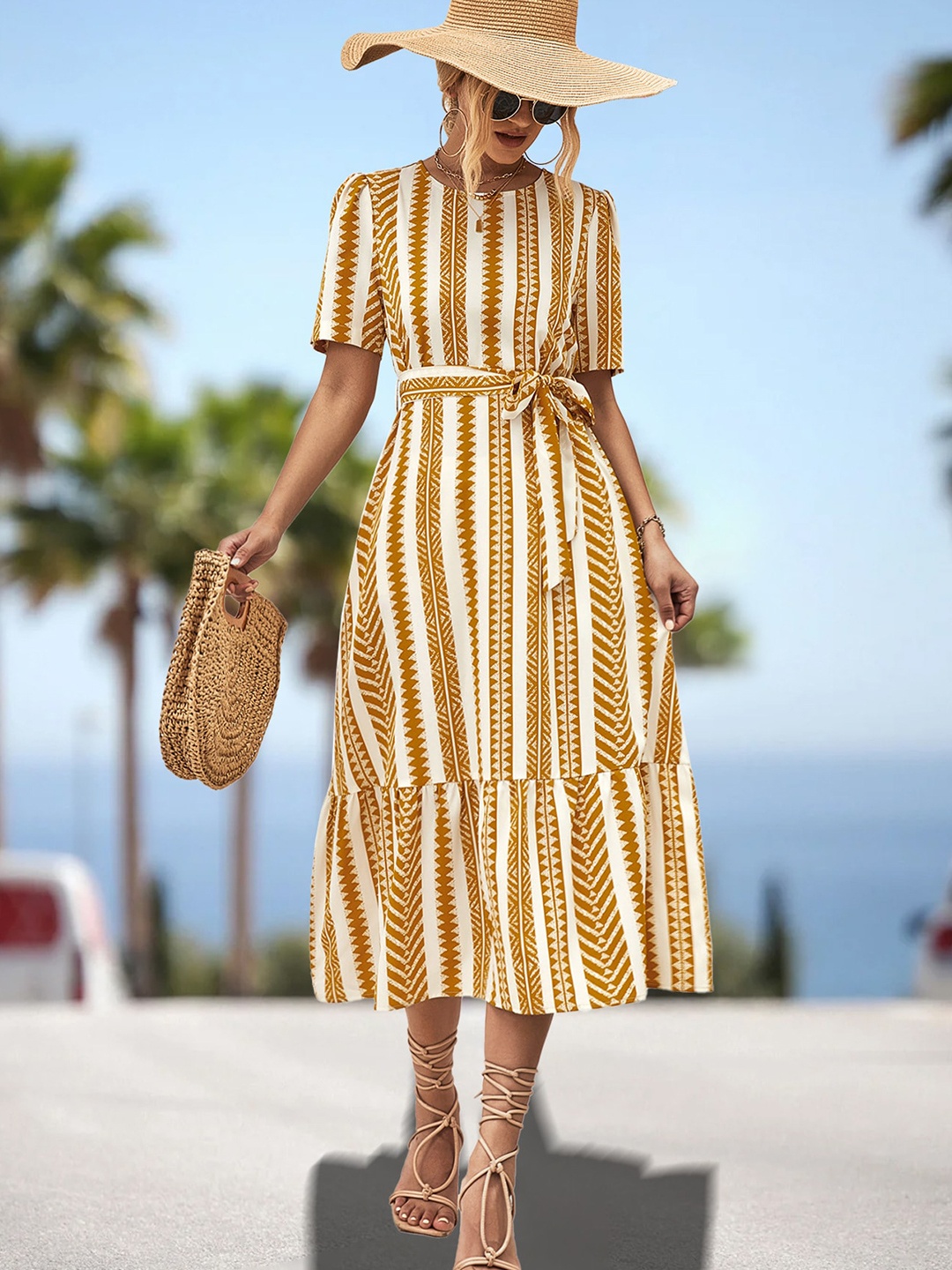 

BoStreet Mustard Yellow & White Tribal Printed Puff Sleeves Fit & Flare Midi Dress