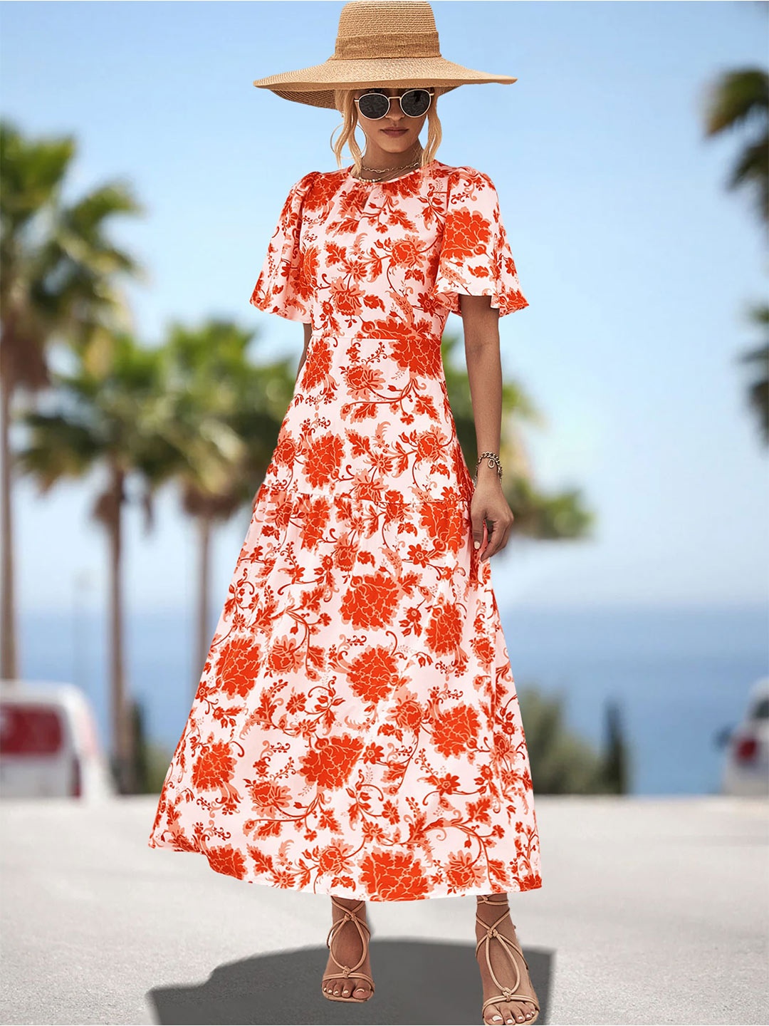 

StyleCast Orange Floral Printed Flared Sleeves Tie-Ups Detail Fit & Flare Dress Maxi Dress