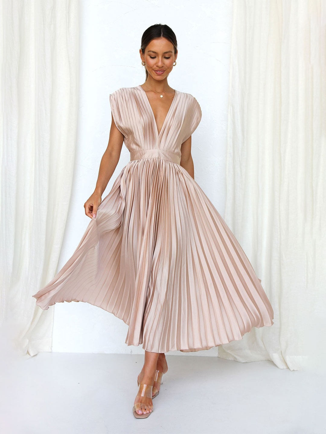 StyleCast Pink V-Neck Accordion Pleated Fit & Flare Dress