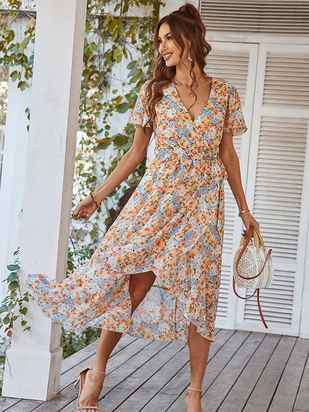 

BoStreet Yellow Floral Printed Flutter Sleeve Midi Wrap Dress