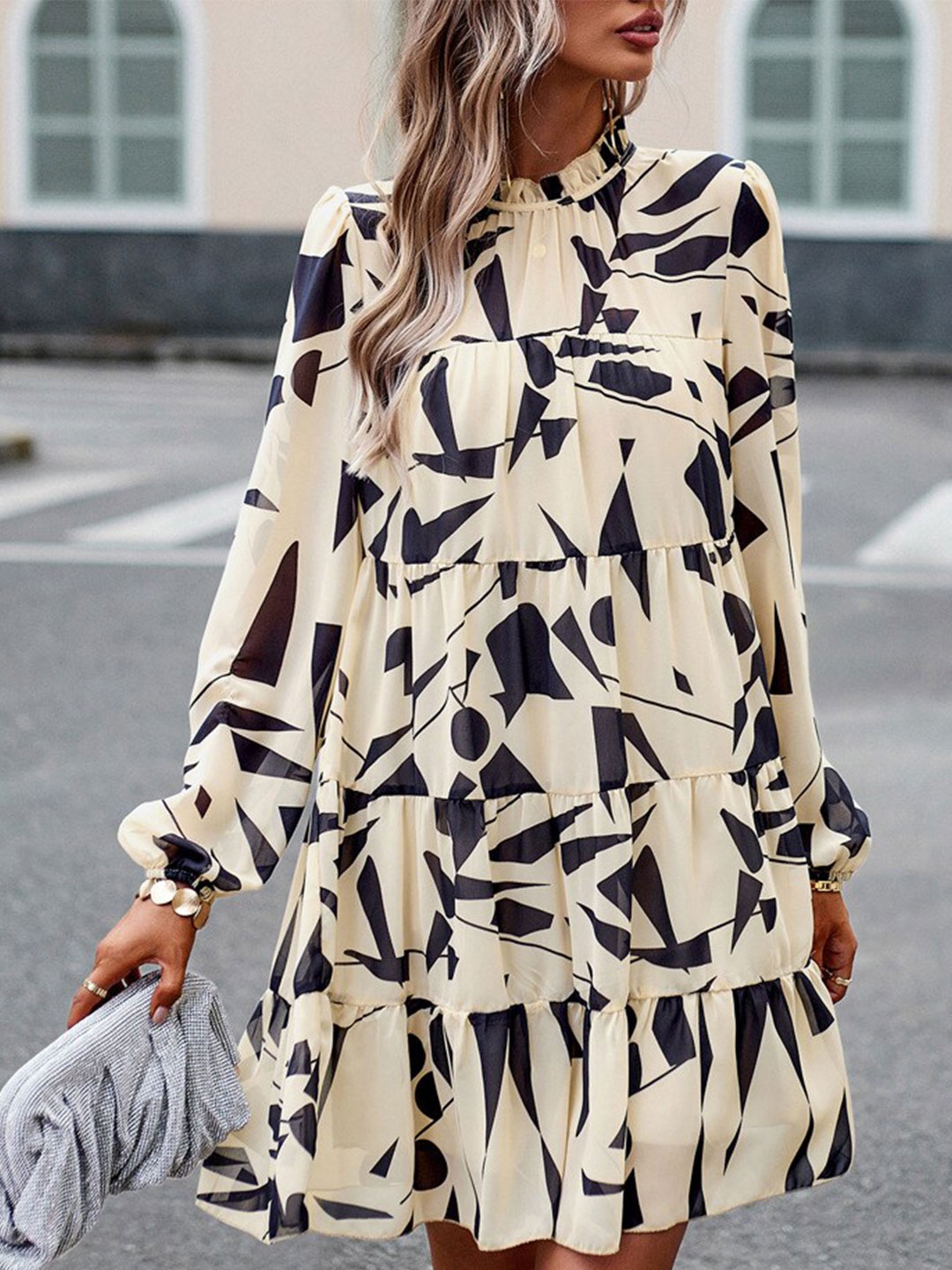 

BoStreet Beige & Black Abstract Printed Tie-Up Neck Puff Sleeves A-Line Dress