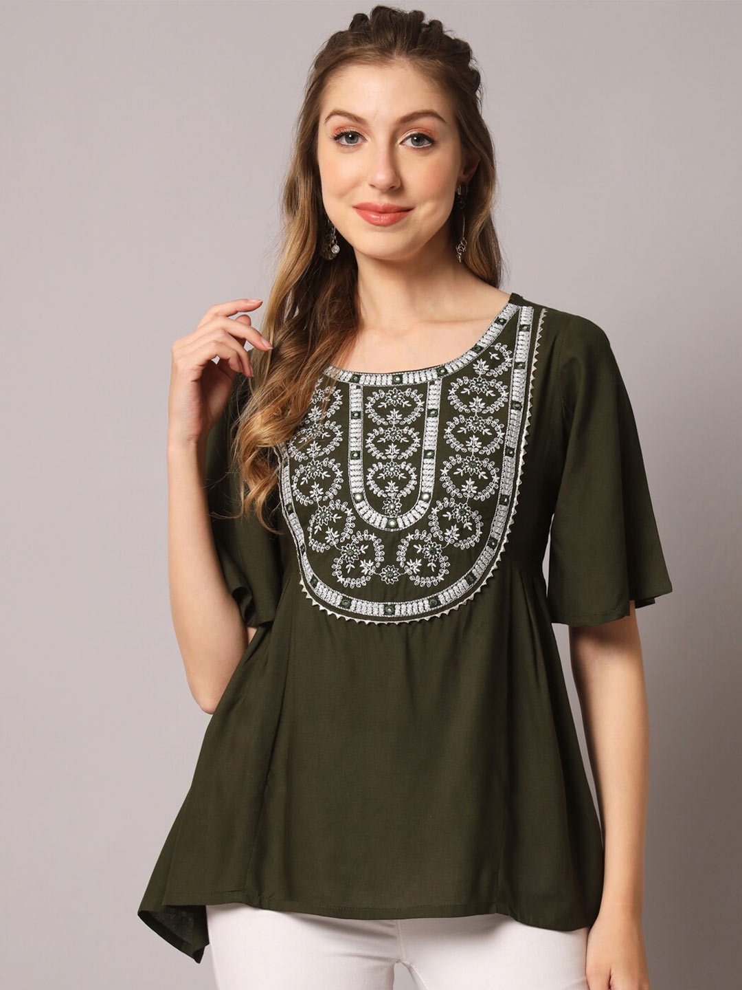 

KALINI Ethnic Motifs Embroidered Flared Sleeves A-Line Top, Green