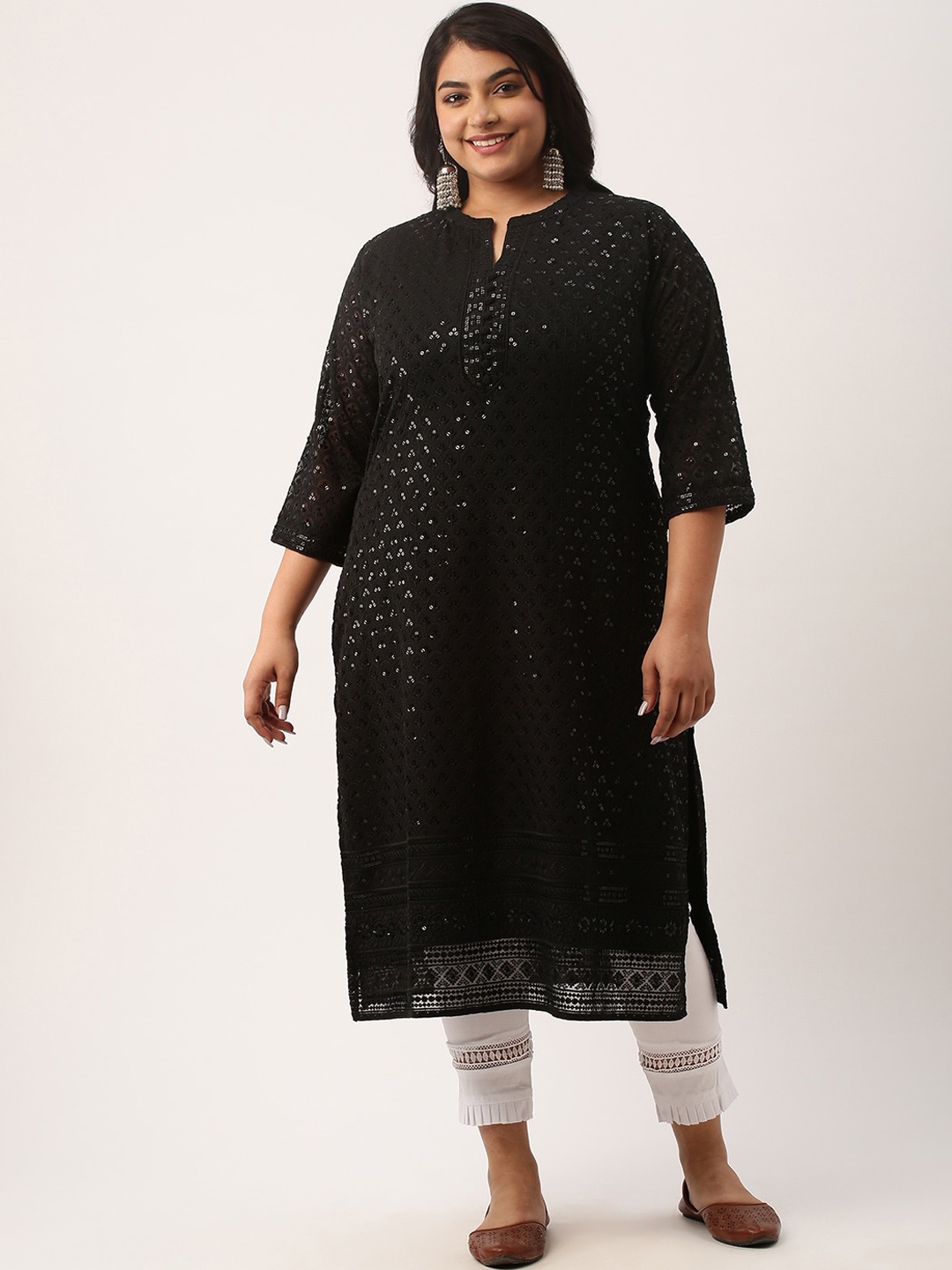 

Zola Plus Plus Size Mandarin Collar Embroidered Chikankari Straight Kurta, Black