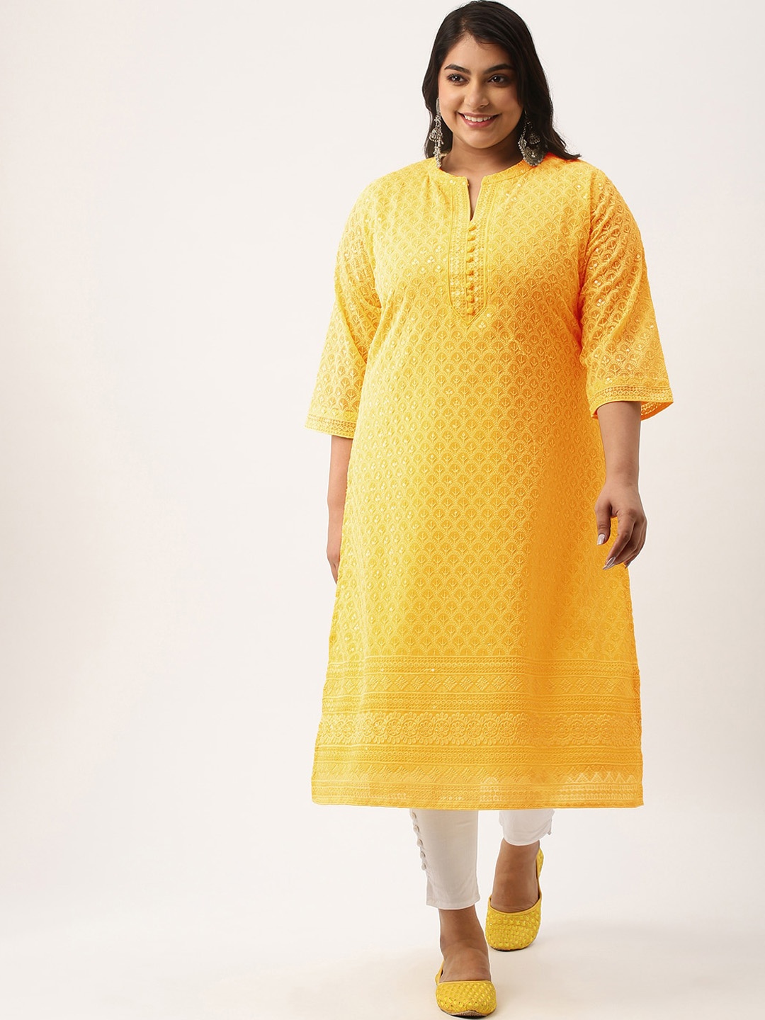 

Zola Plus Plus Size Mandarin Collar Embroidered Chikankari Straight Kurta, Mustard