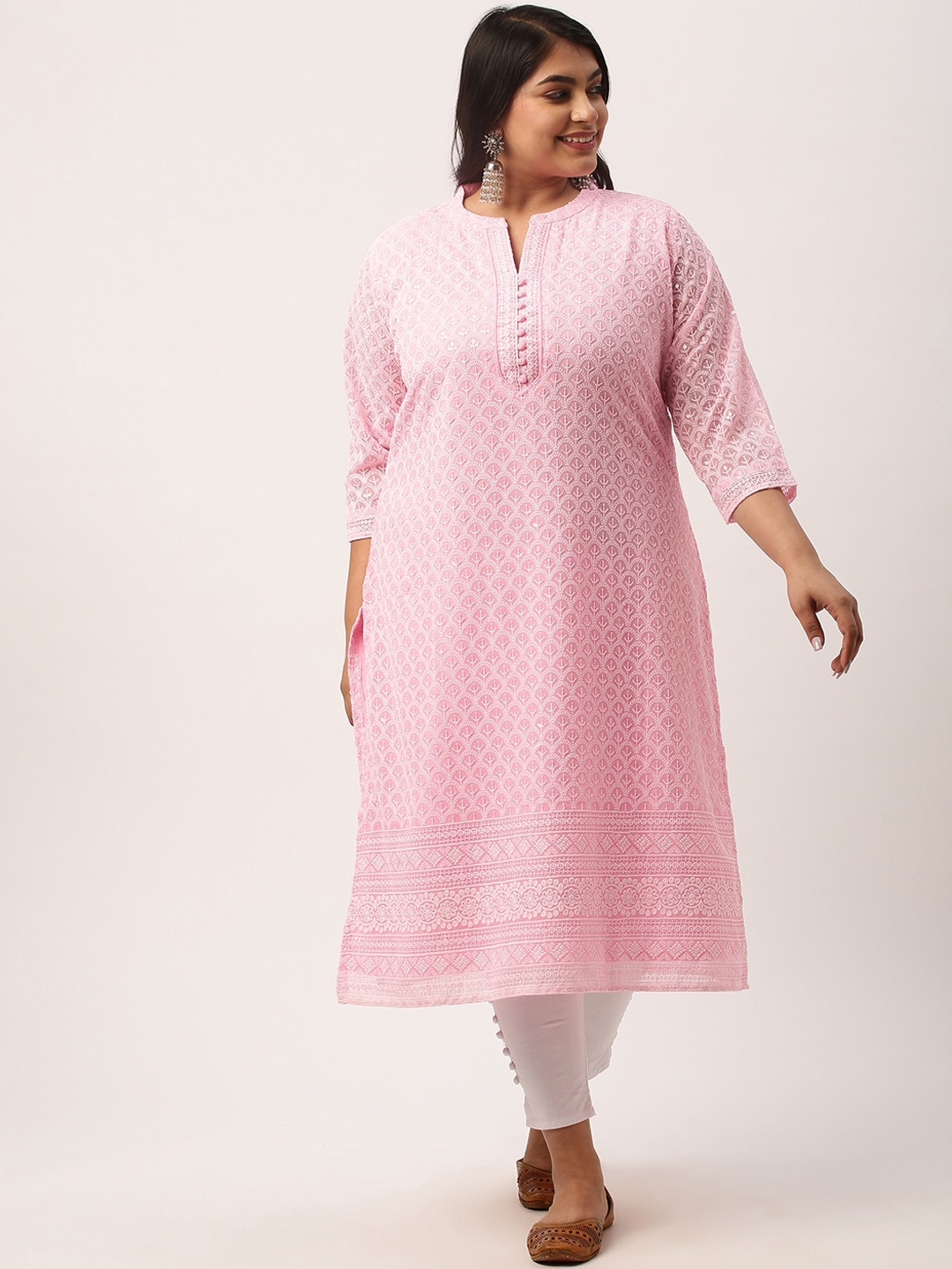 

Zola Plus Plus Size Mandarin Collar Embroidered Chikankari Straight Kurta, Pink