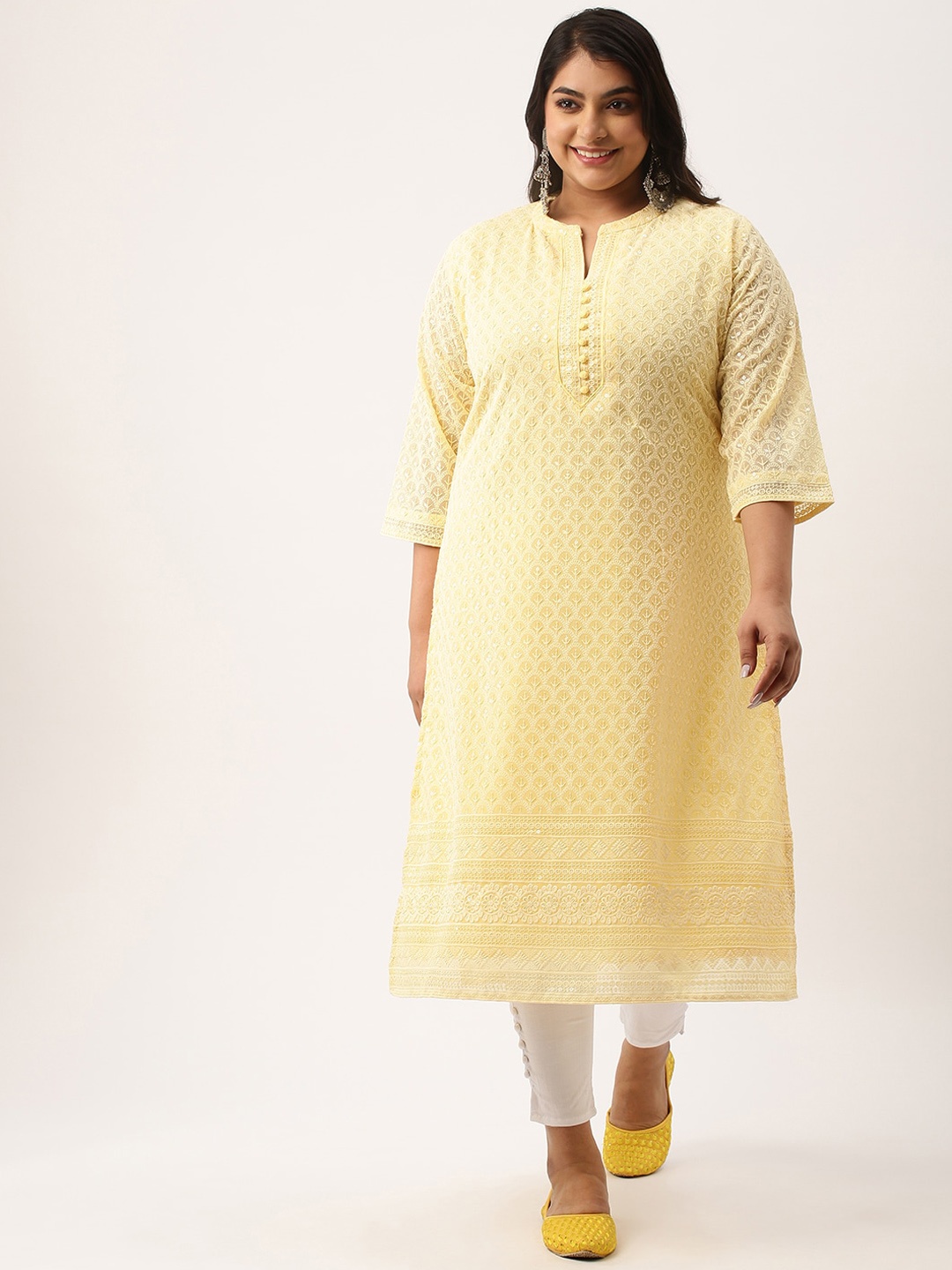

Zola Plus Plus Size Mandarin Collar Embroidered Chikankari Straight Kurta, Yellow
