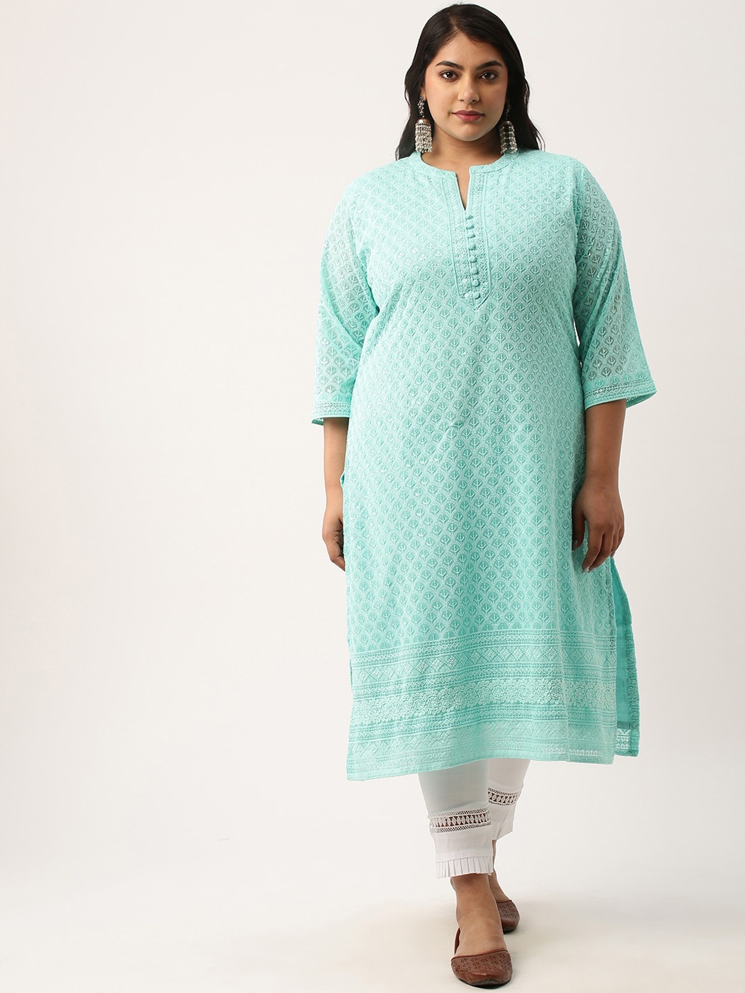 

Zola Plus Plus Size Mandarin Collar Embroidered Chikankari Straight Kurta, Turquoise blue