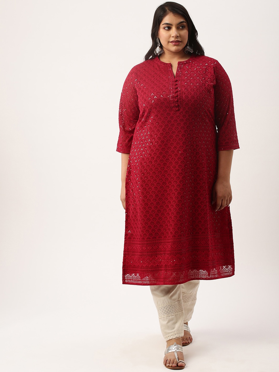 

Zola Plus Plus Size Mandarin Collar Embroidered Chikankari Straight Kurta, Maroon