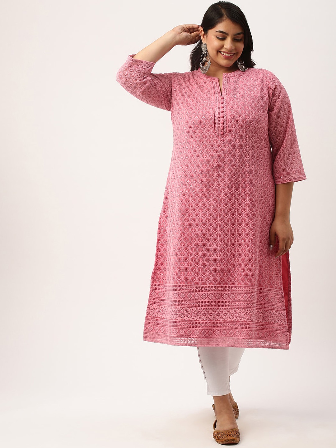 

Zola Plus Plus Size Mandarin Collar Embroidered Chikankari Straight Kurta, Pink