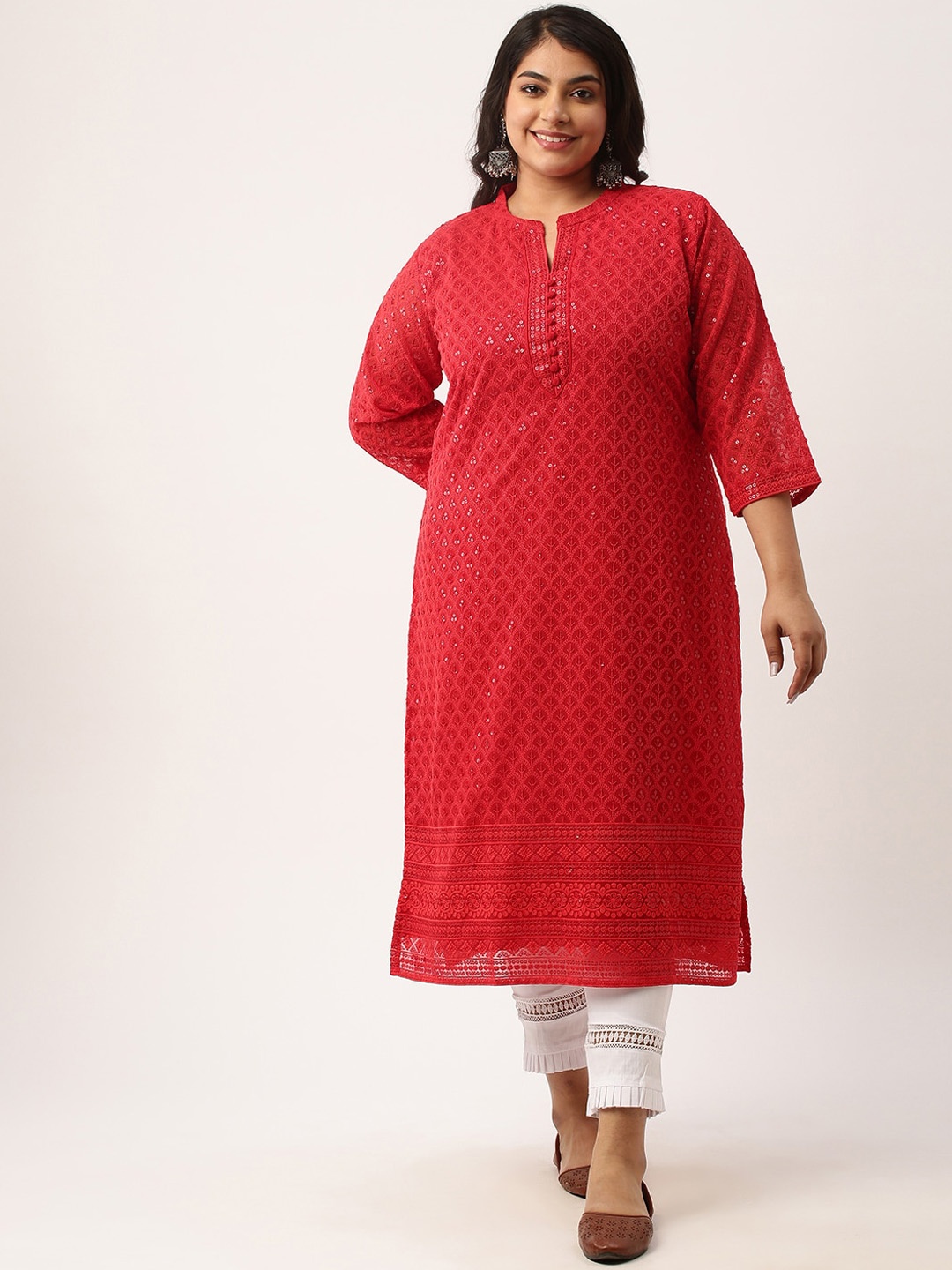 

Zola Plus Plus Size Mandarin Collar Embroidered Chikankari Straight Kurta, Red