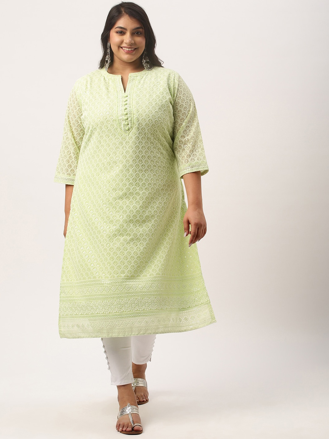 

Zola Plus Plus Size Mandarin Collar Embroidered Chikankari Straight Kurta, Green