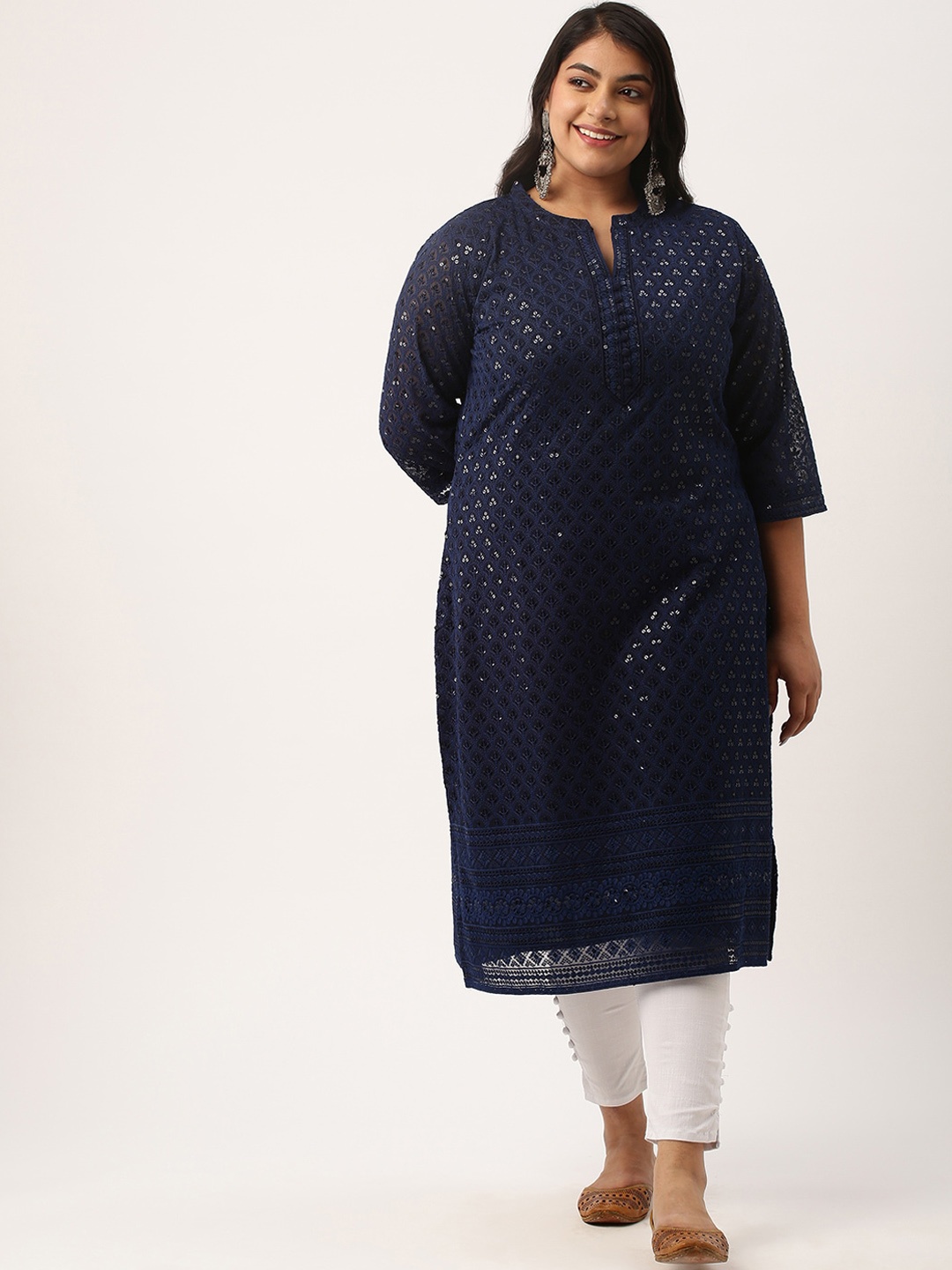 

Zola Plus Plus Size Mandarin Collar Embroidered Chikankari Straight Kurta, Navy blue