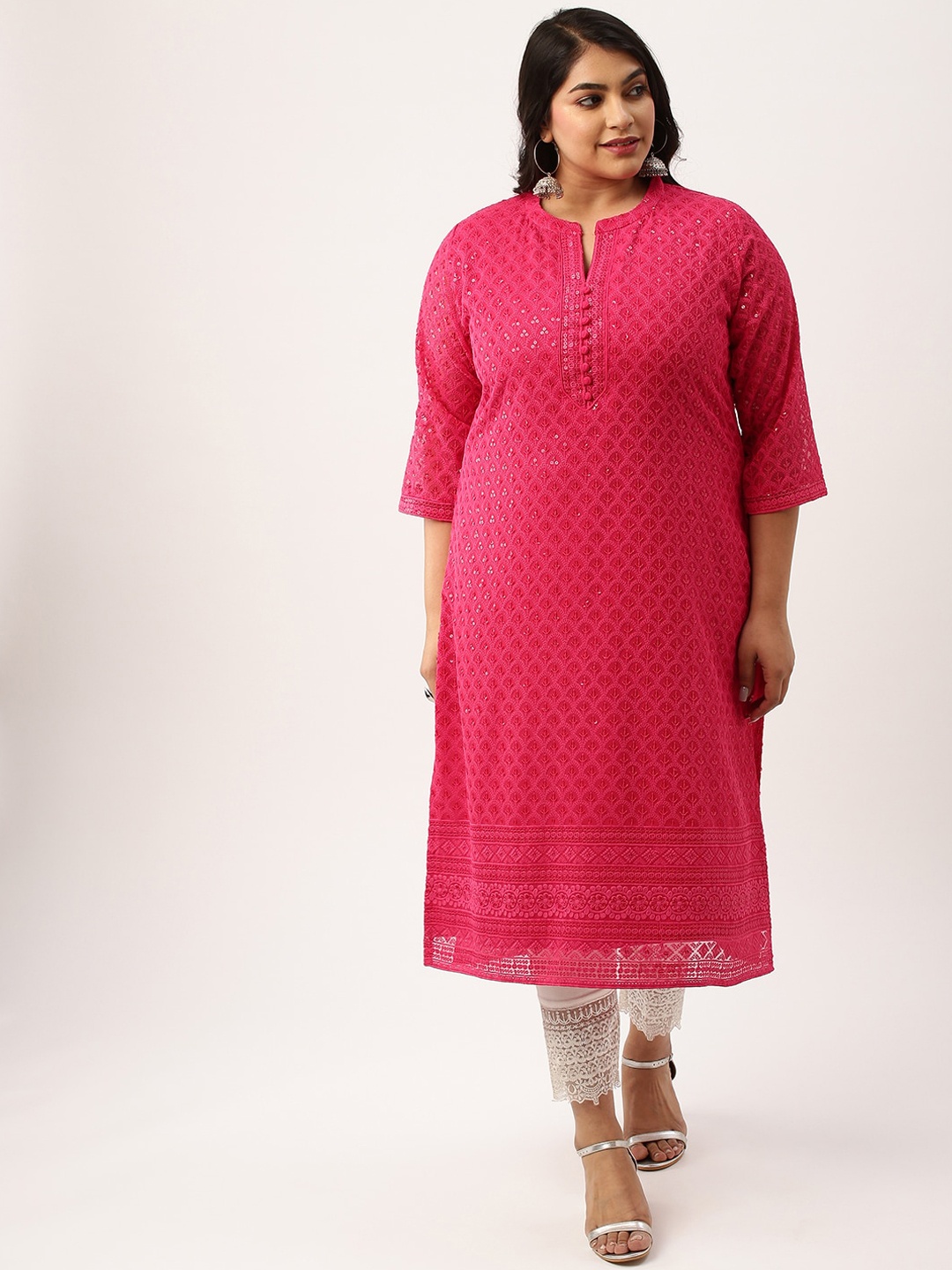 

Zola Plus Plus Size Mandarin Collar Embroidered Chikankari Straight Kurta, Magenta