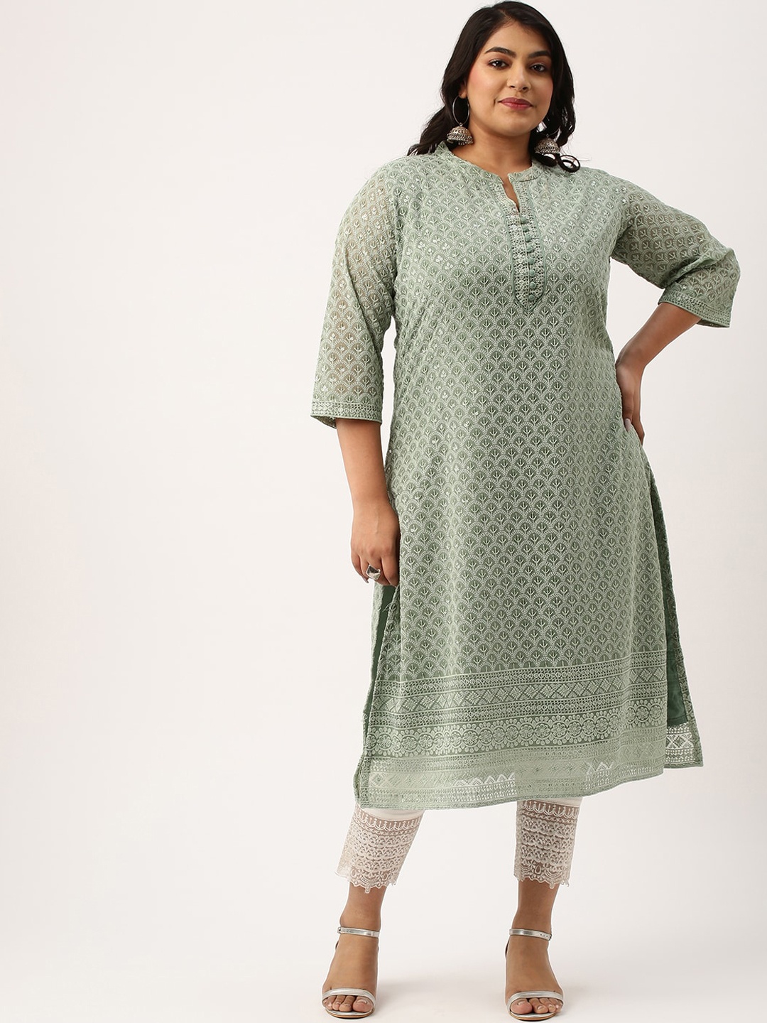 

Zola Plus Plus Size Mandarin Collar Embroidered Chikankari Straight Kurta, Green
