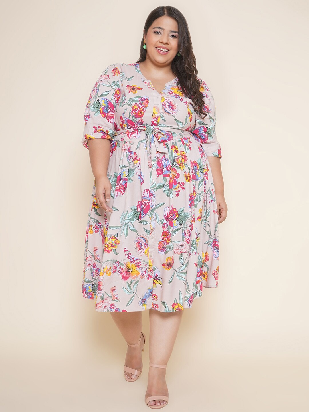 

Kiaahvi by JOHN PRIDE Plus Size Floral Printed Midi Shirt Dress, Cream