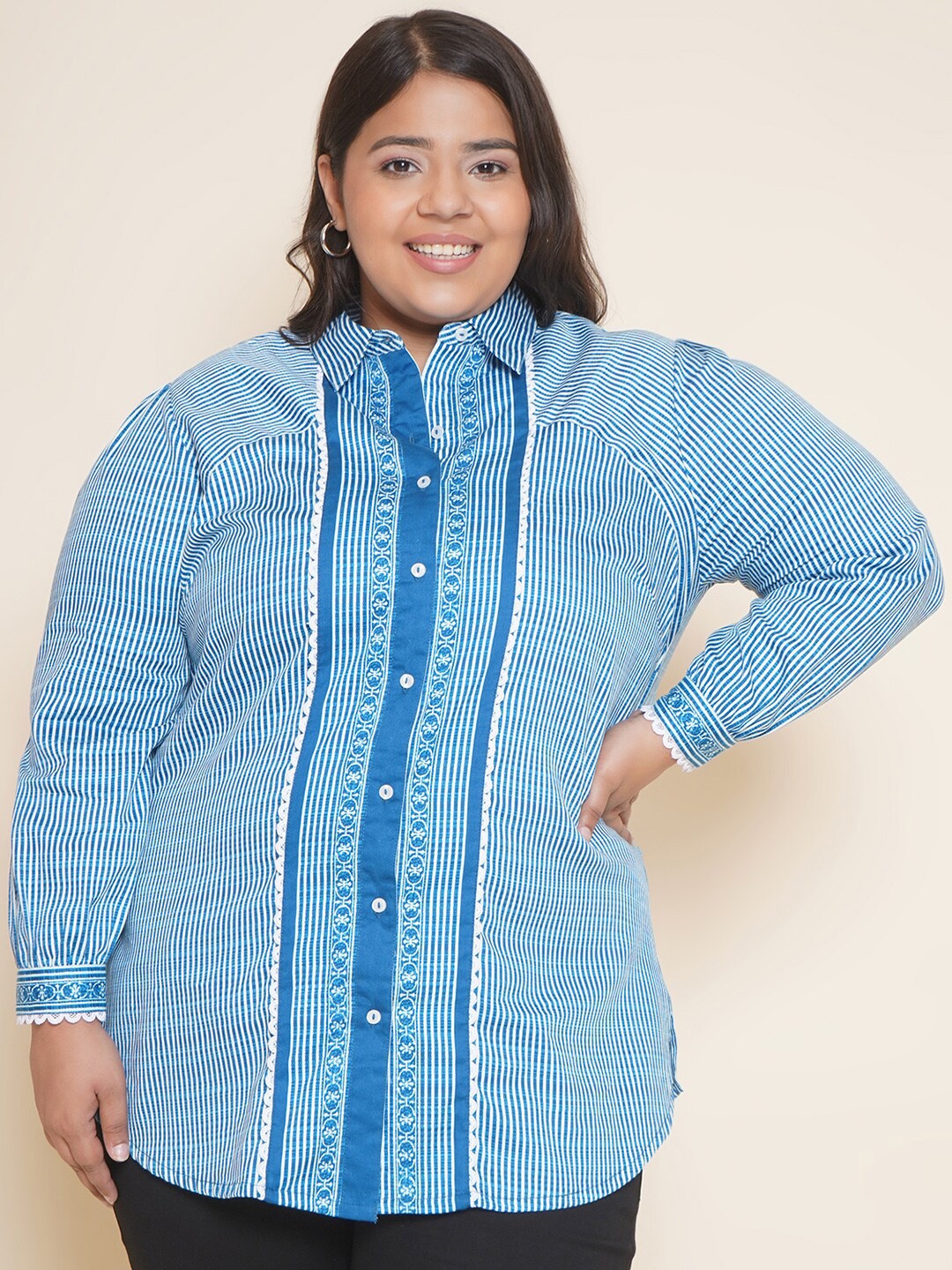 

Kiaahvi by JOHN PRIDE Plus Size Striped Cotton Casual Shirt, Blue