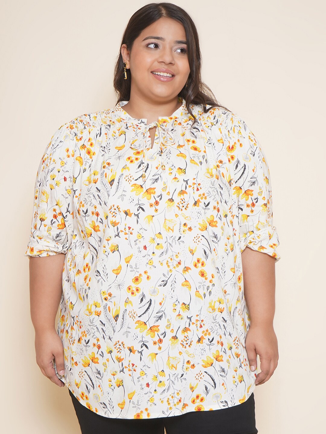 

Kiaahvi by JOHN PRIDE Plus Size Floral Printed Tie-Up Neck Gathered Longline Cotton Top, White