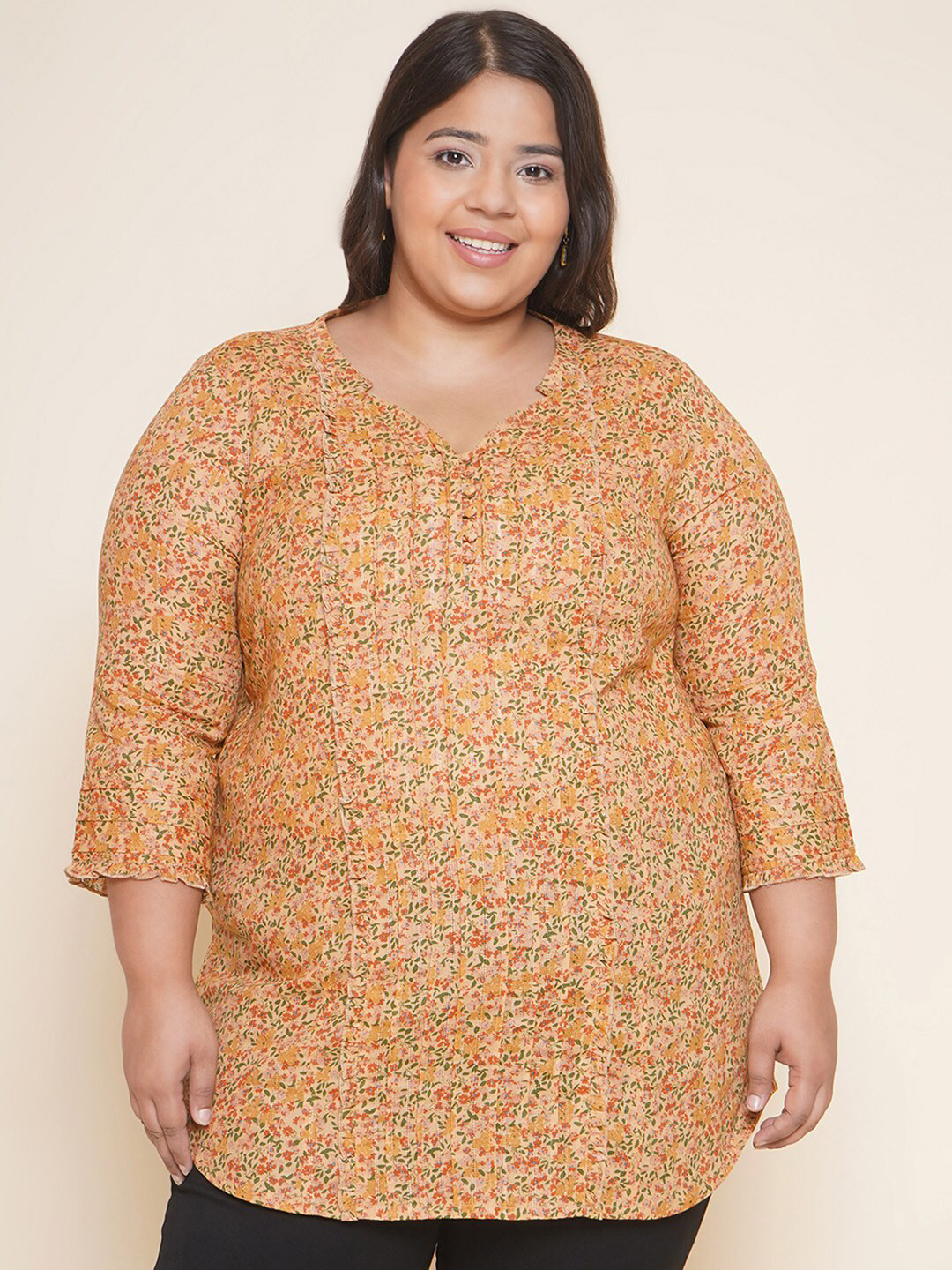 

Kiaahvi by JOHN PRIDE Plus Size Floral Printed V-Neck Ruffled Longline Cotton Top, Mustard