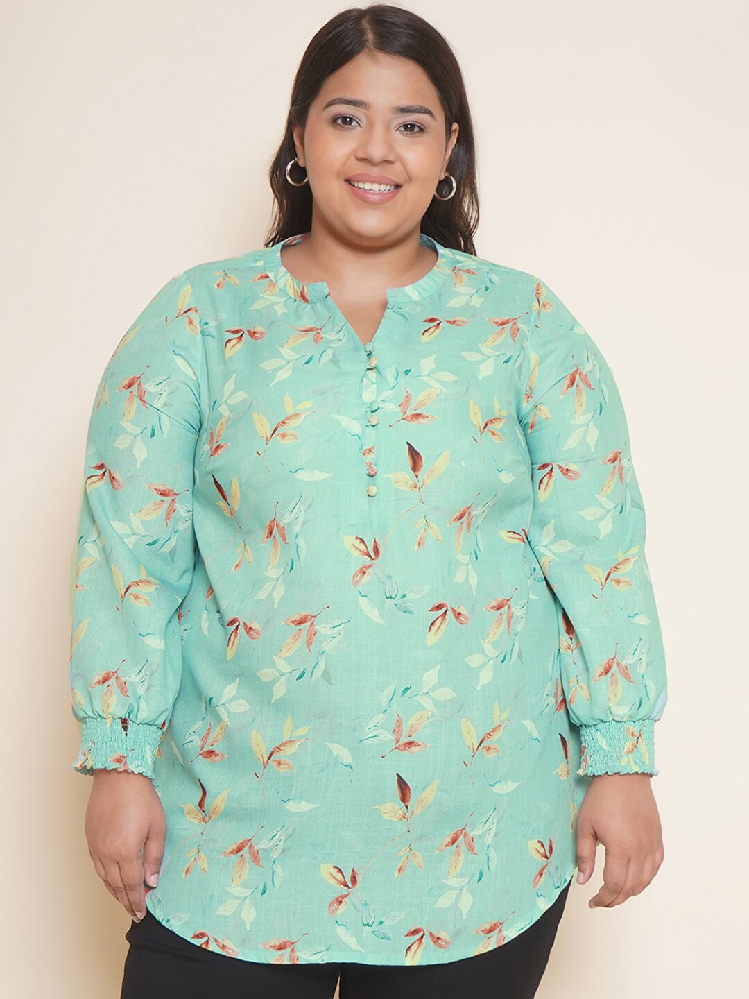 

Kiaahvi by JOHN PRIDE Plus Size Floral Printed Smocked Puff Sleeve Cotton Top, Sea green