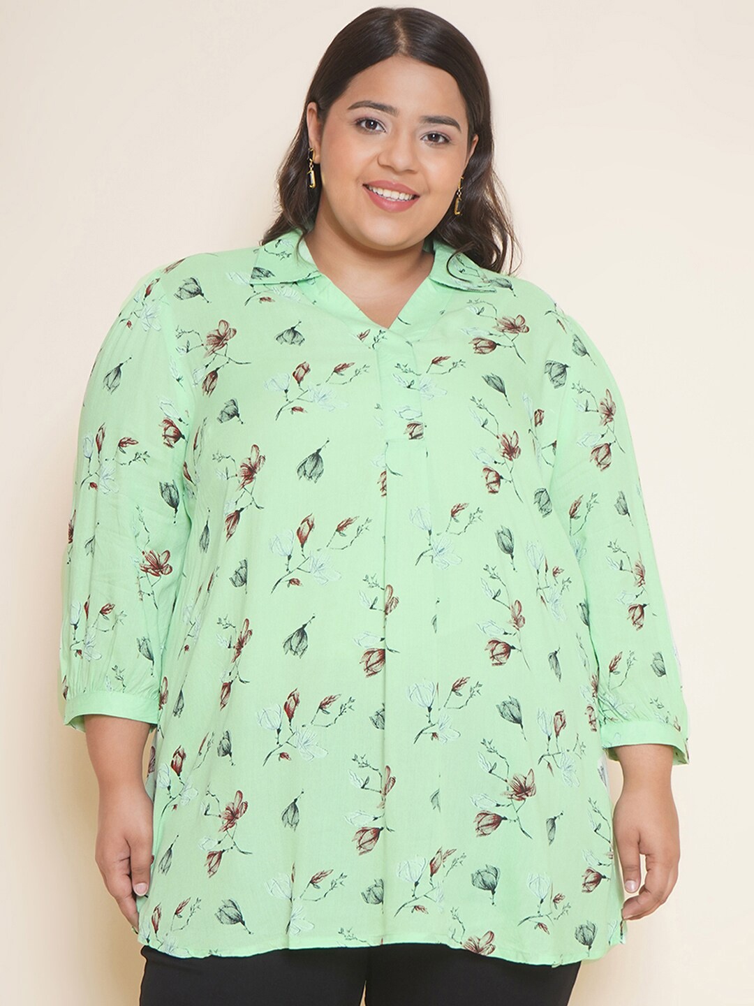 

Kiaahvi by JOHN PRIDE Plus Size Floral Printed Shirt Collar Cuff Sleeves Top, Sea green