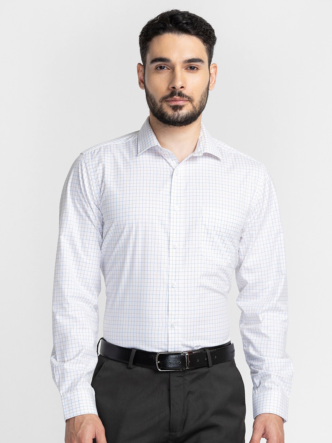 

INSPIRO Classic Slim Fit Grid Tattersall Checks Cotton Formal Shirt, Blue