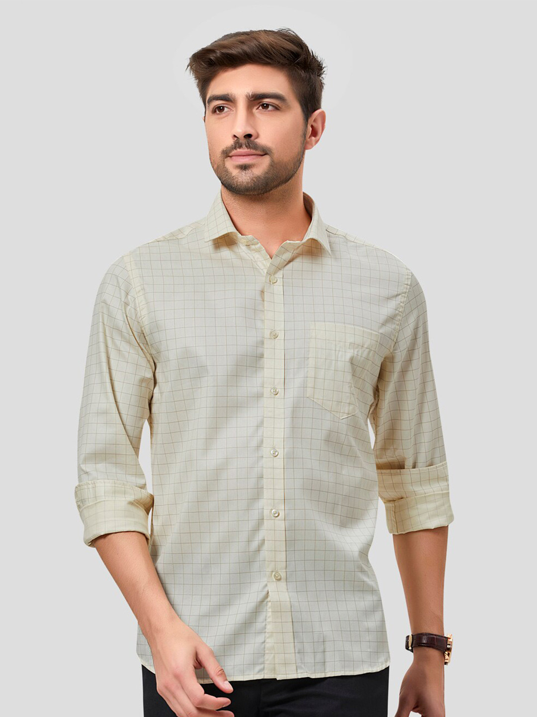 

INSPIRO Classic Slim Fit Grid Tattersall Checks Cotton Formal Shirt, Yellow