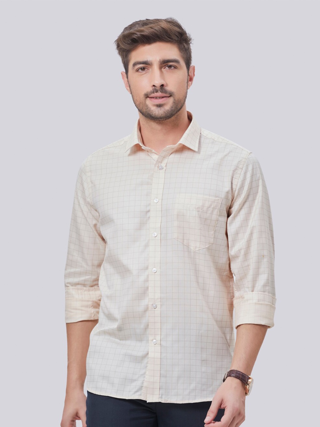 

INSPIRO Classic Slim Fit Grid Tattersall Checks Cotton Formal Shirt, Cream