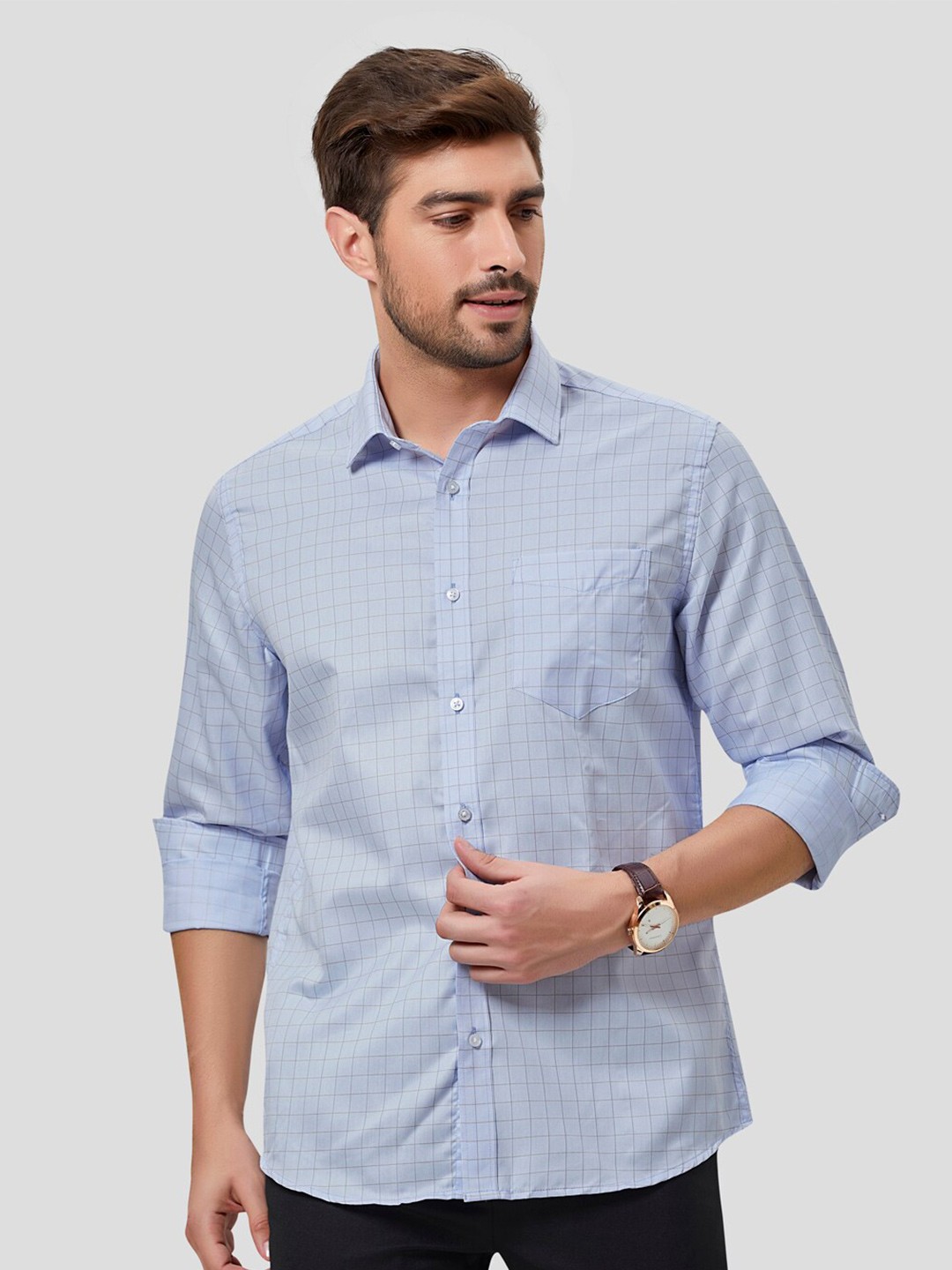 

INSPIRO Classic Slim Fit Grid Tattersall Checks Cotton Formal Shirt, Blue
