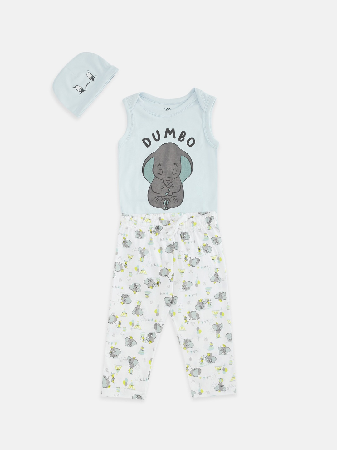 

Pantaloons Baby Boys Dumbo Printed Bodysuit with Pyjamas & Beanie, Blue