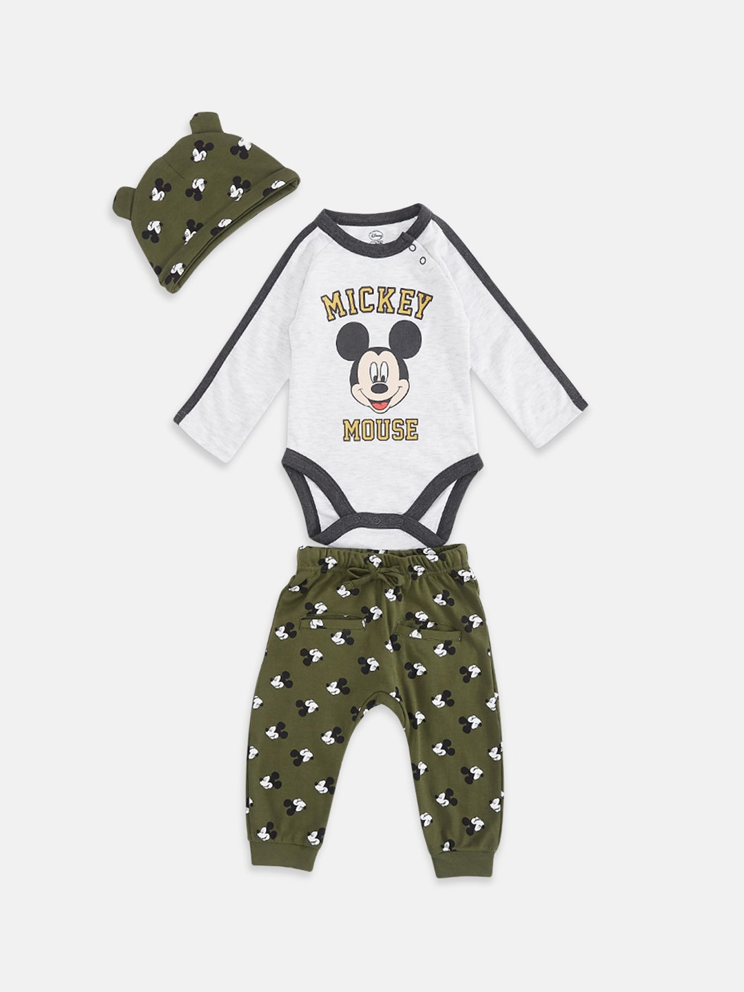 

Pantaloons Baby Infant Boys Mickey Mouse Printed Pure Cotton Clothing Set, Olive