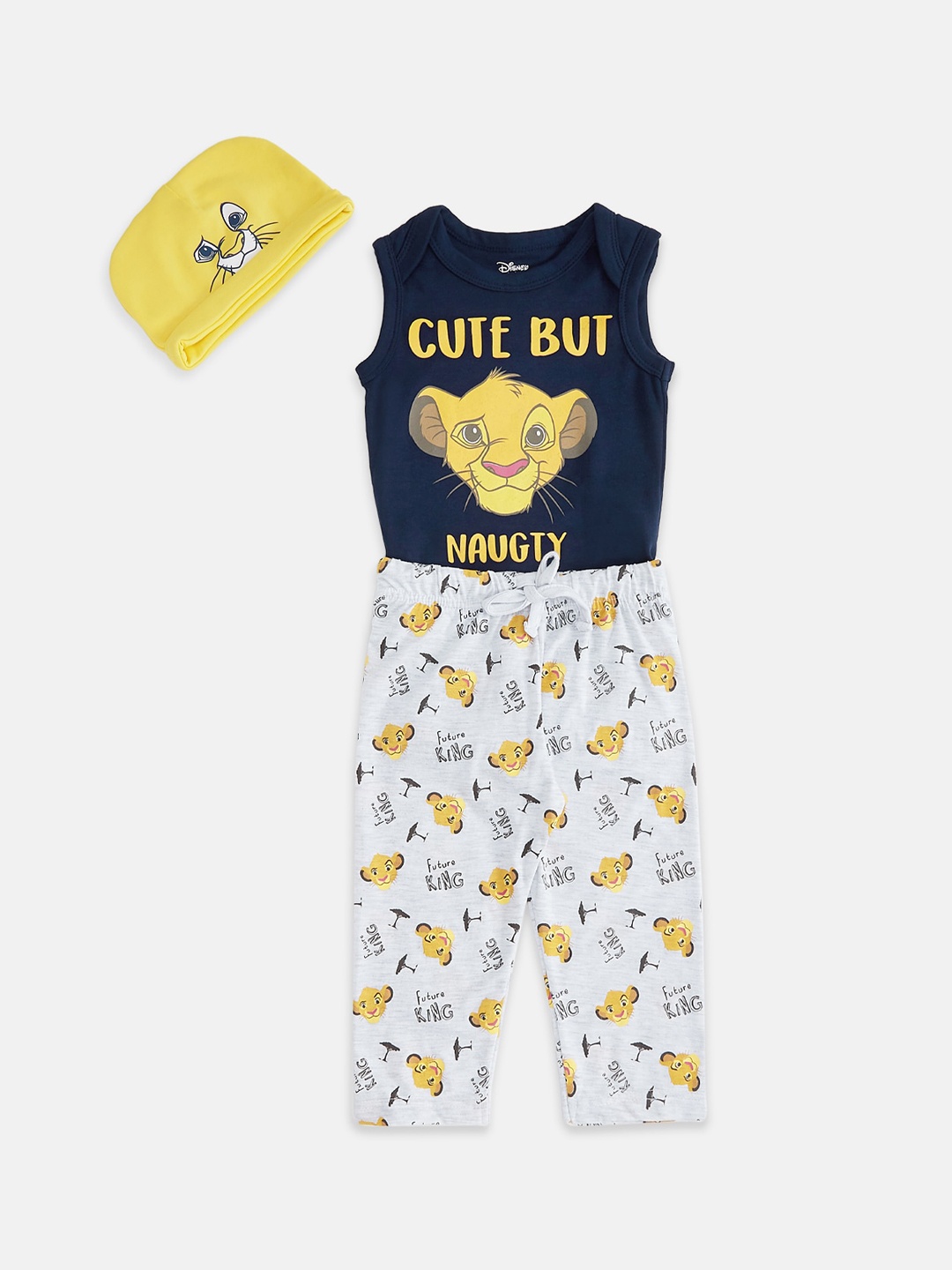 

Pantaloons Baby Boys Lion King Printed Sleeveless Cotton Bodysuit With Trousers & Cap, Navy blue