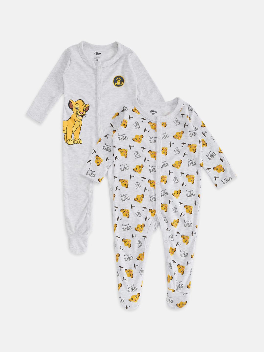 

Pantaloons Baby Infants Boys Pack Of 2 Lion King Printed Cotton Sleepsuit, Grey melange