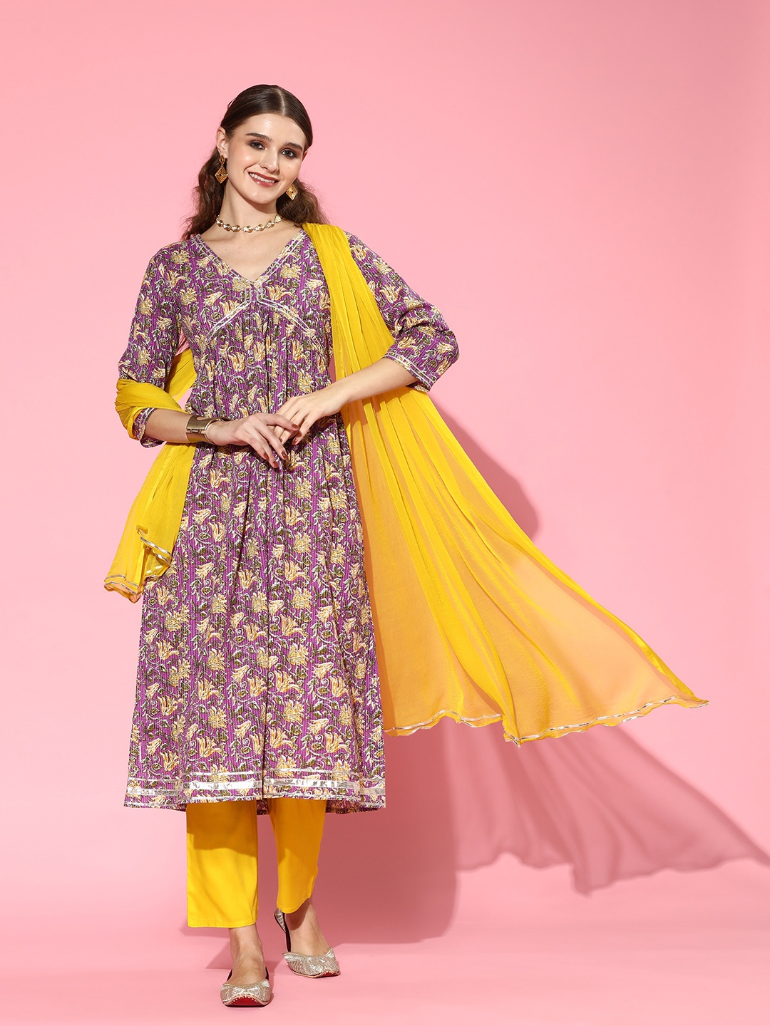 

Stylum Floral Printed Empire Gotta Patti Pure Cotton Kurta with Trousers & Dupatta, Purple