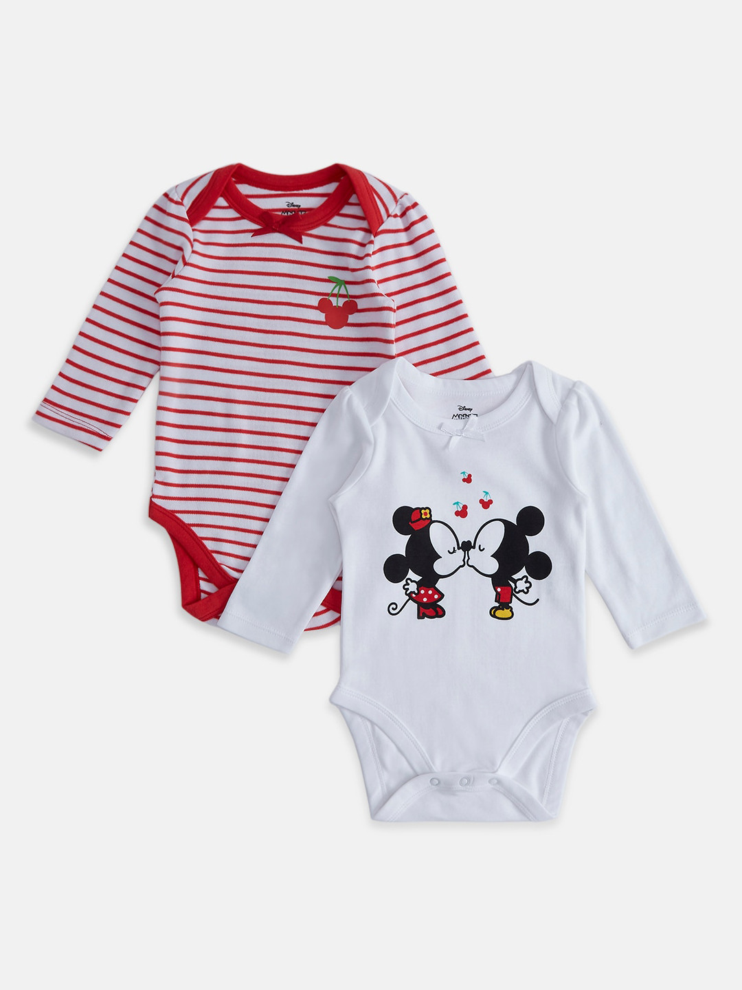 

Pantaloons Baby Infant Girls Pack Of 2 Mickey & Minnie Printed Cotton Bodysuit, Red
