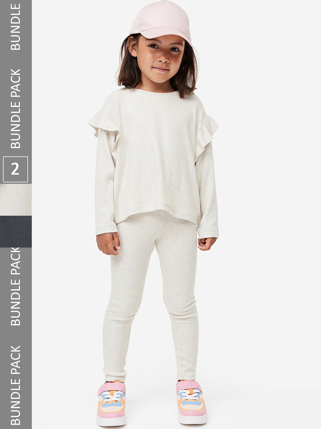 

H&M Girls 2-Pack Rib-Knit Leggings, Beige
