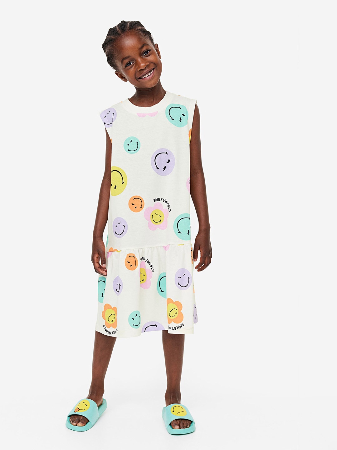 

H&M Girls Pure Cotton Patterned Jersey Dress, White