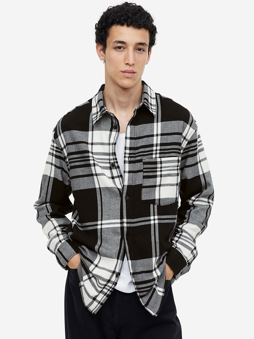 

H&M Pure Cotton Relaxed Fit Flannel Shirt, Black