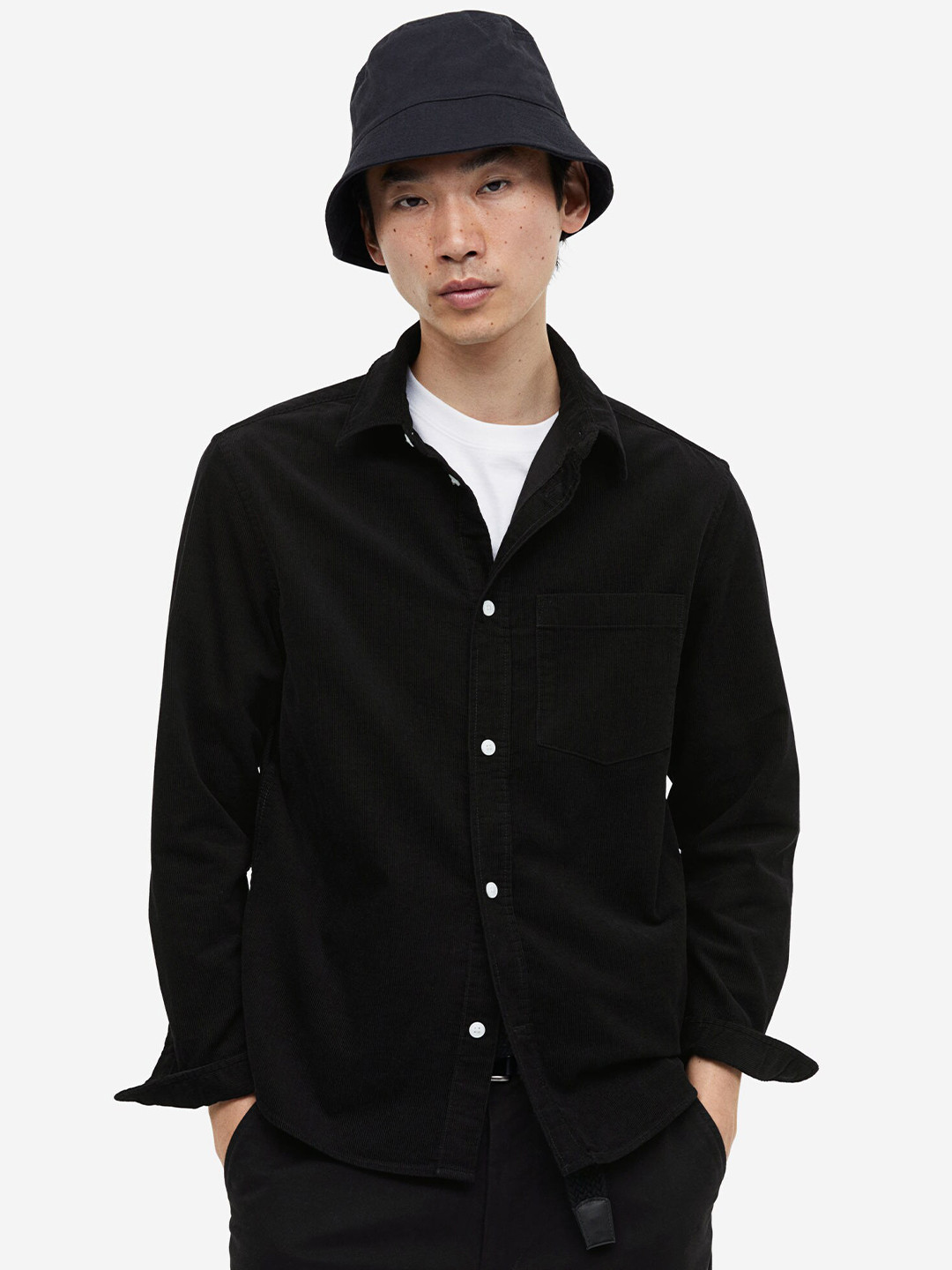 

H&M Pure Cotton Regular Fit Corduroy Shirt, Black