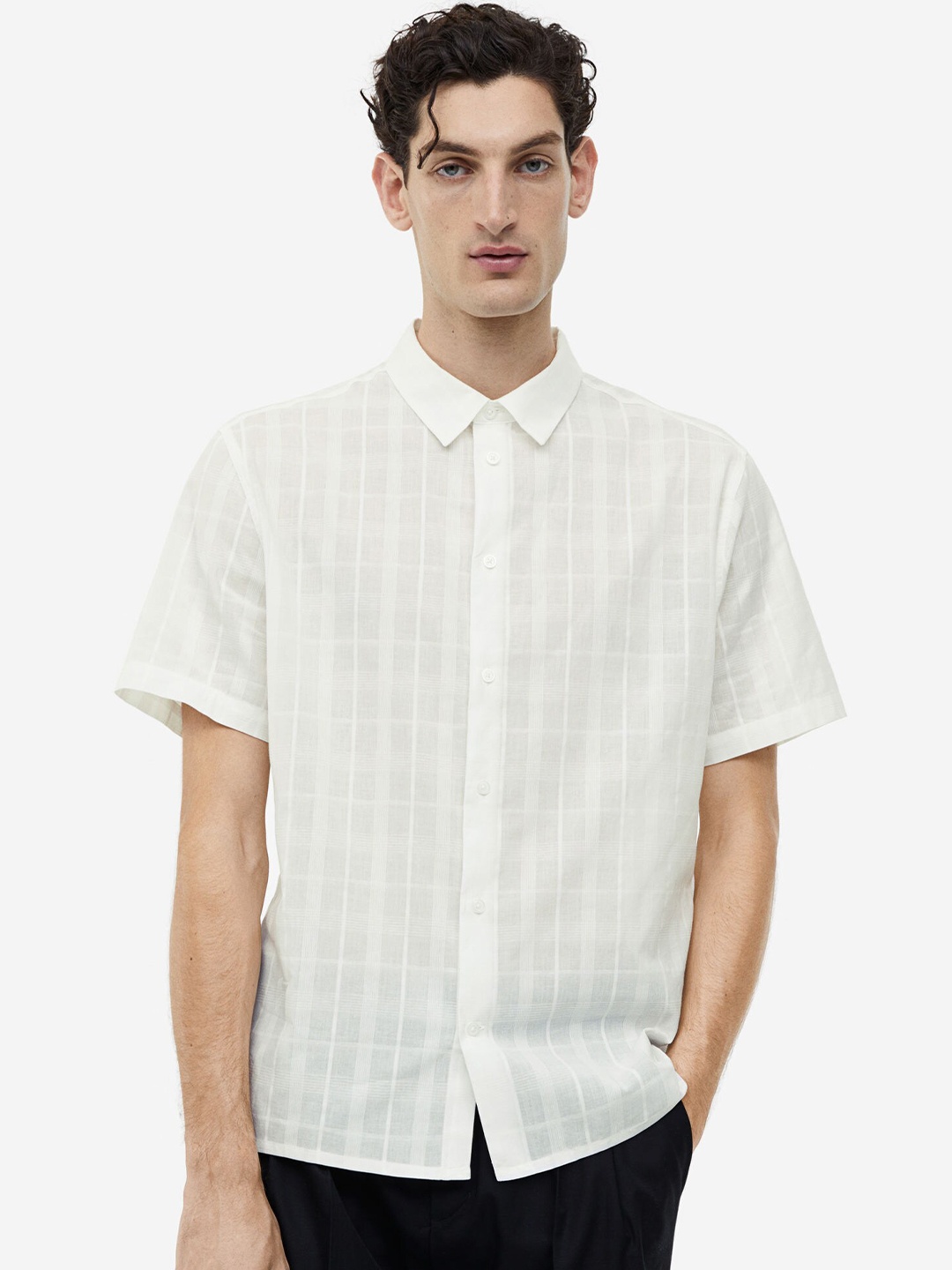 

H&M Pure Cotton Regular Fit Textured-Weave Shirt, White