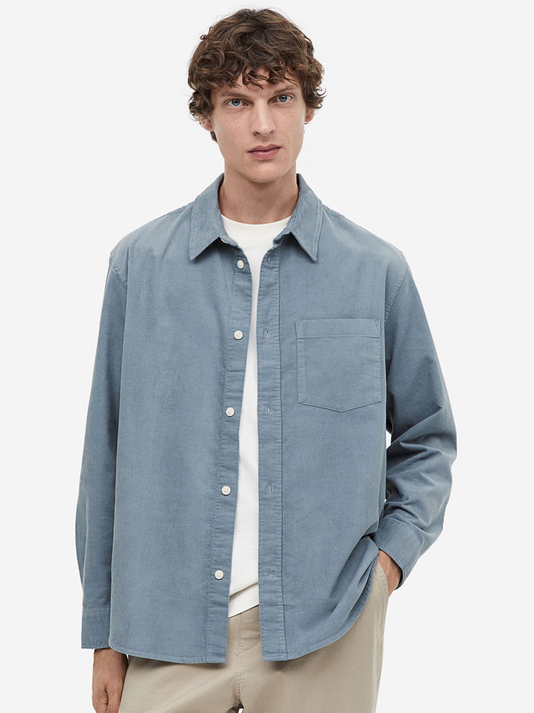 

H&M Pure Cotton Regular Fit Corduroy Shirt, Turquoise blue