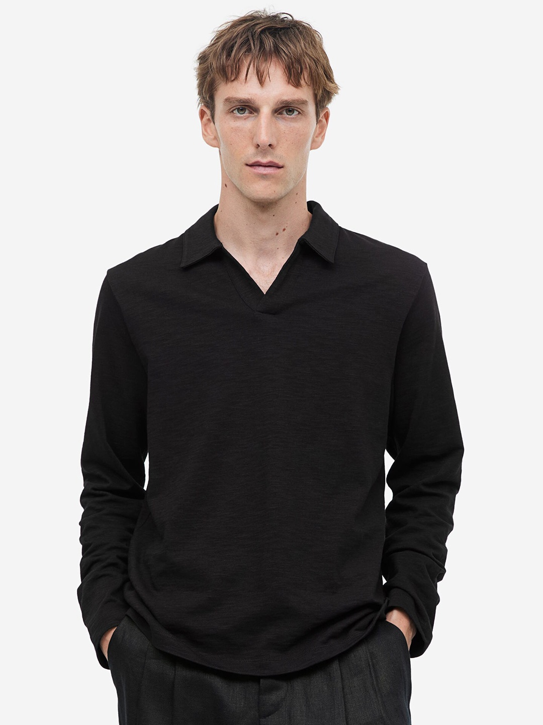 

H&M Regular Fit Long-Sleeved Polo Shirt, Black