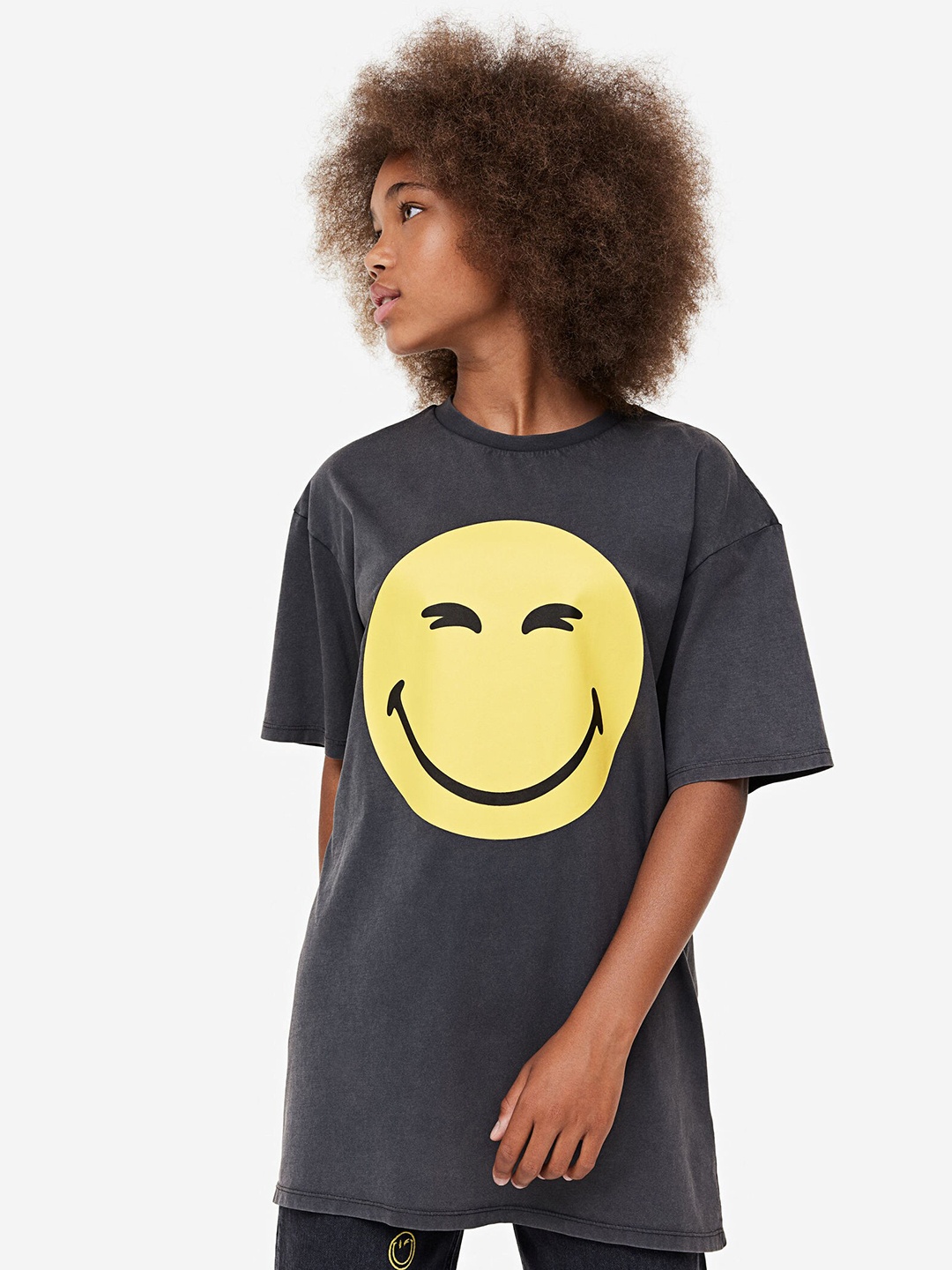 

H&M Girls Pure Cotton Oversized Printed T-Shirt, Grey