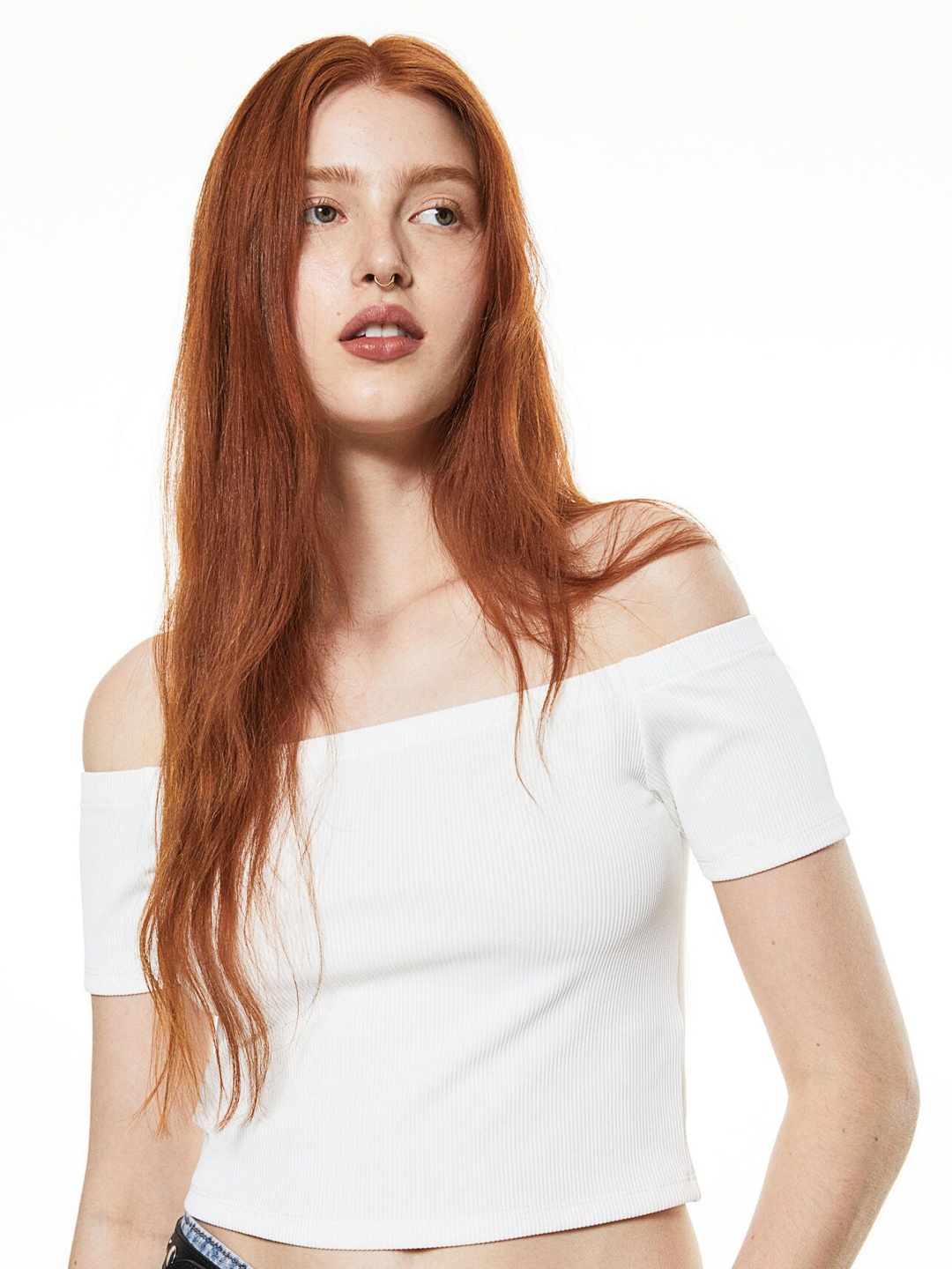 

H&M Ribbed Off-The-Shoulder Top, White