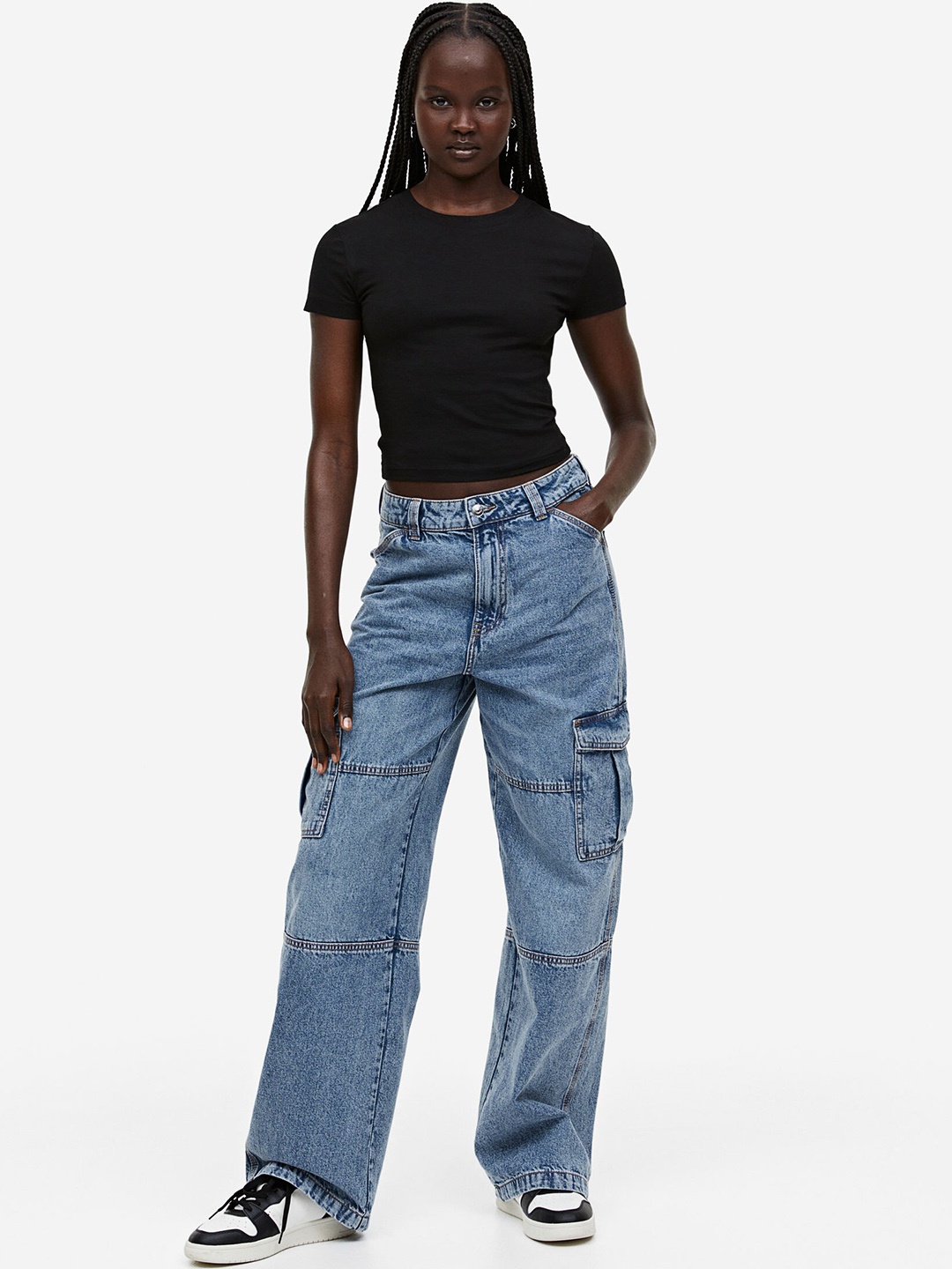 

H&M Women Pure Cotton Denim Cargo Trousers, Blue