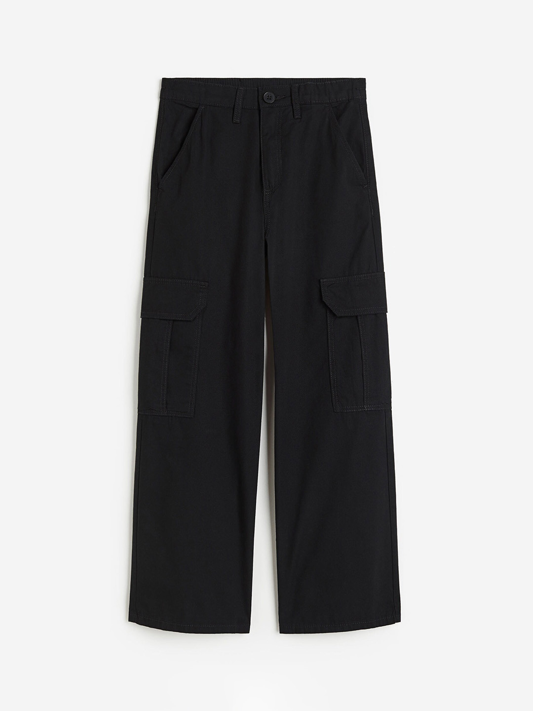 

H&M Girls Pure Cotton Wide Cargo Trousers, Black