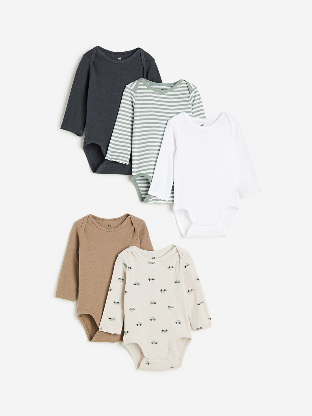 

H&M Girls 5-Pack Long-Sleeved Bodysuits, Beige