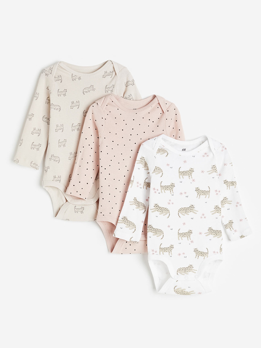 

H&M Boys Pure Cotton 3-Pack Long-Sleeved Bodysuits, Beige