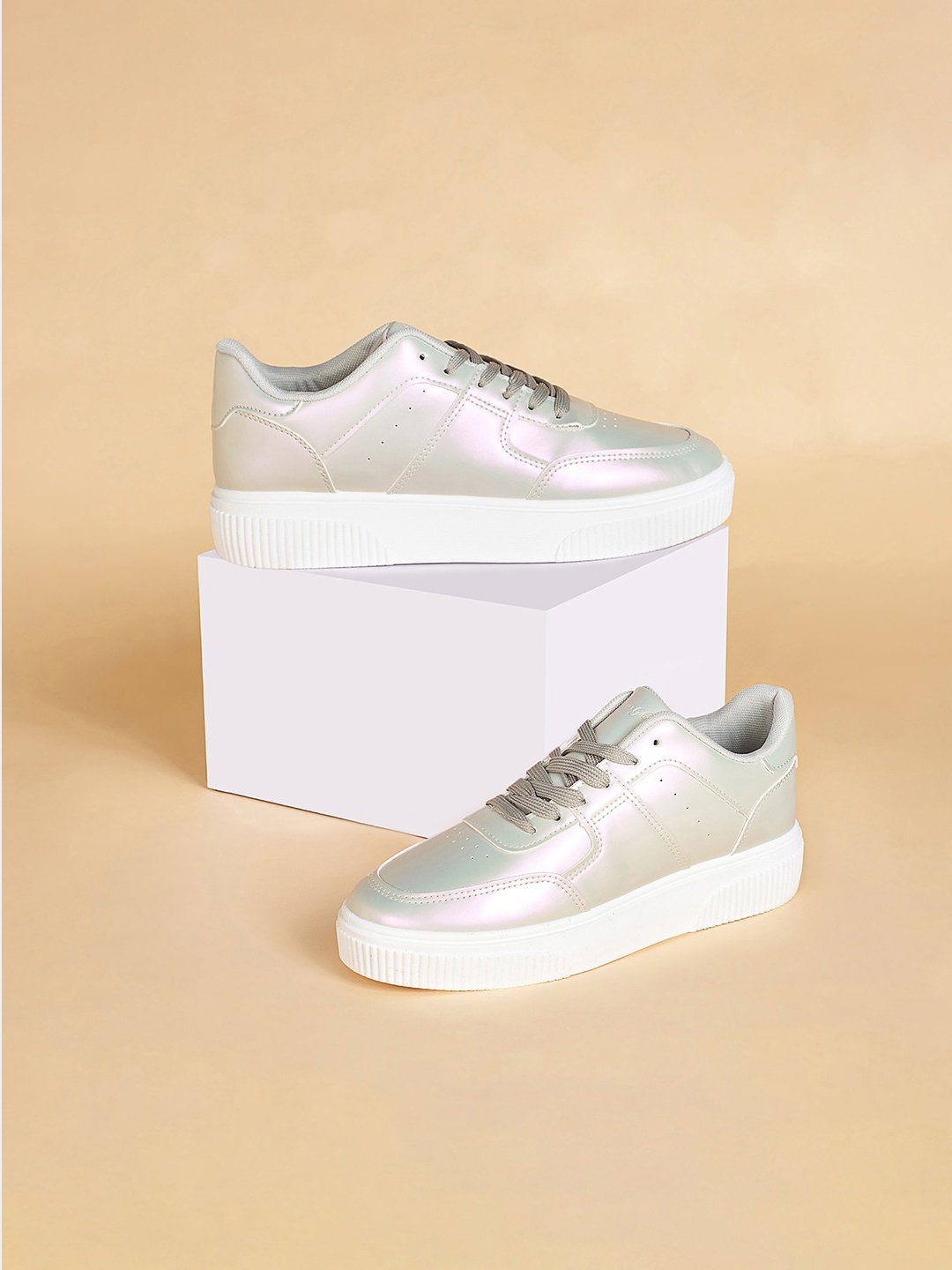 

Forever Glam by Pantaloons Women Perforations Comfort Insole Metallic Sneakers, Silver