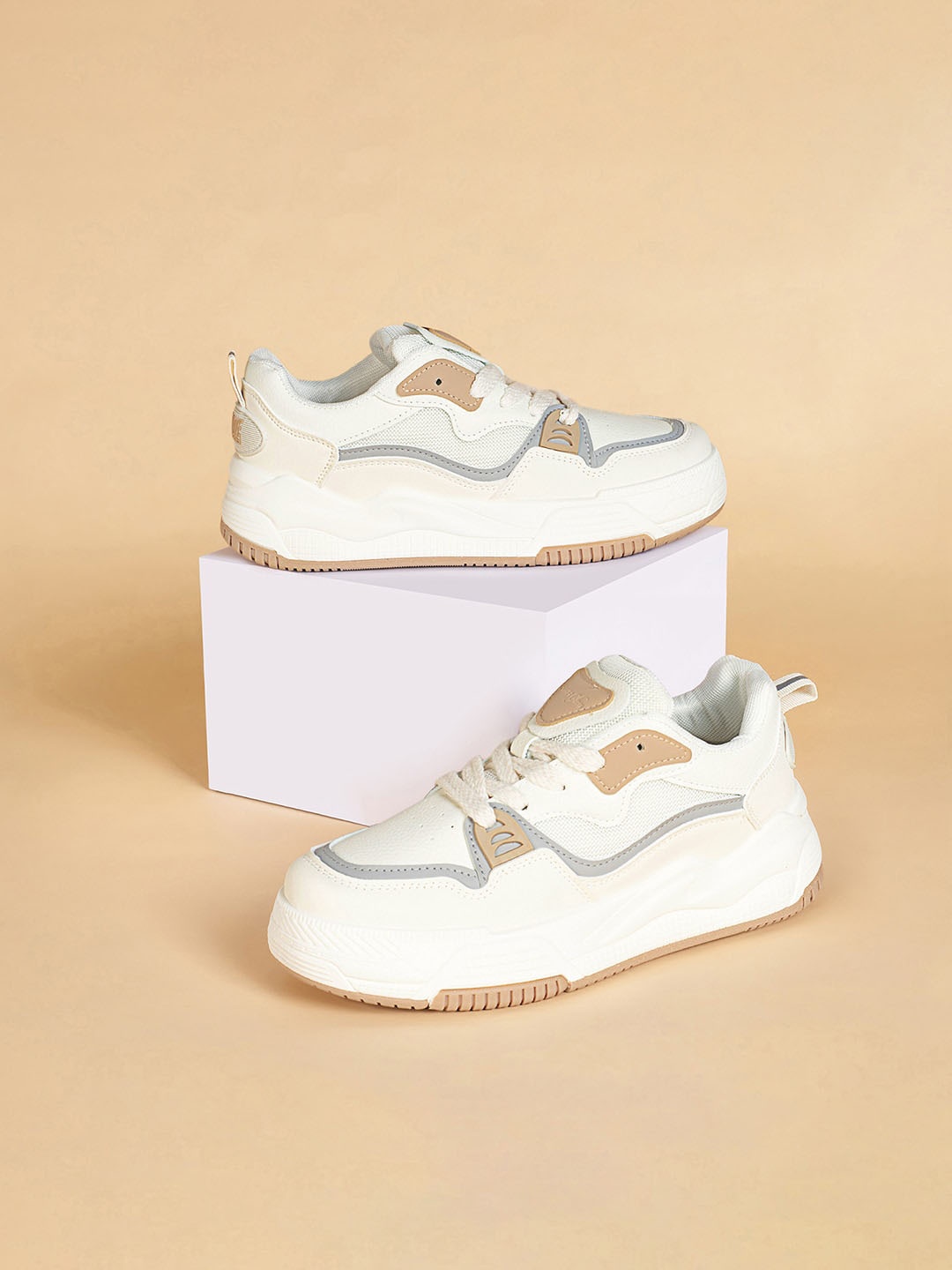 

Forever Glam by Pantaloons Women Colourblocked Lace-Up Sneakers, Beige